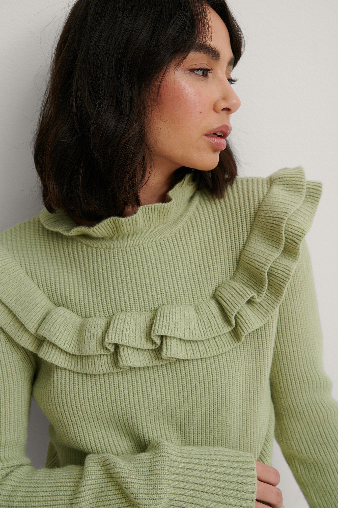 Light Green Ribbed Flounce Knitted Sweater