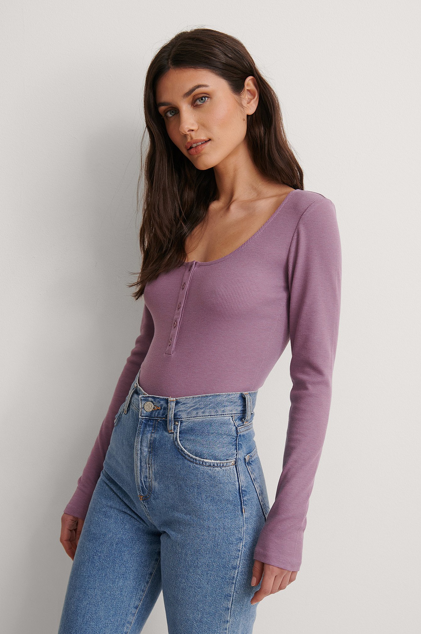 Ribbed Henley Top Purple