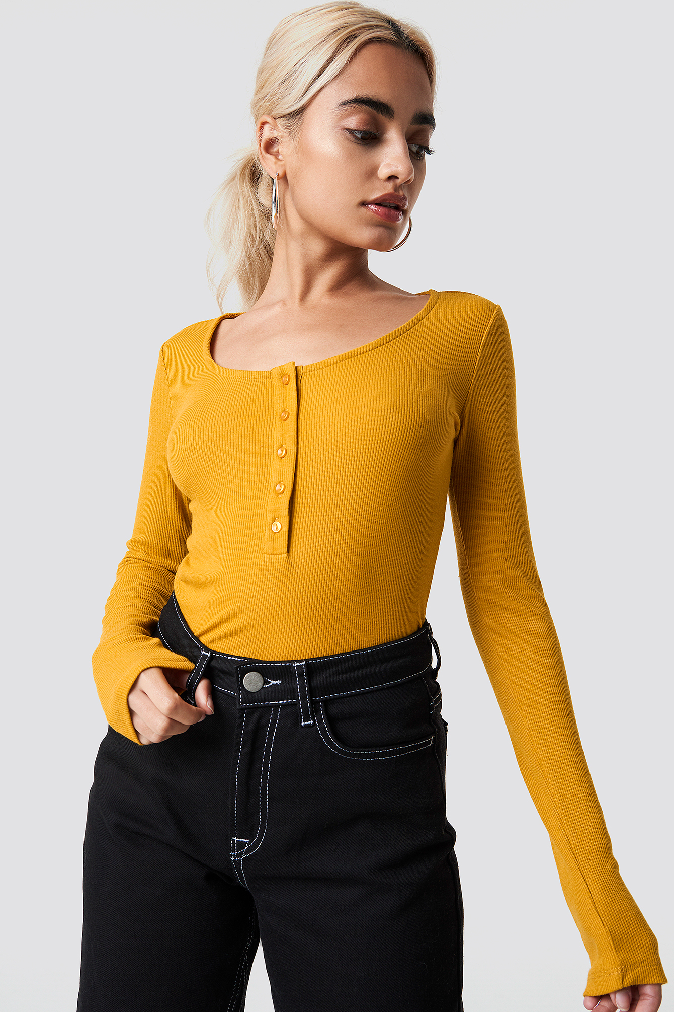 Ribbed Henley Top Mustard