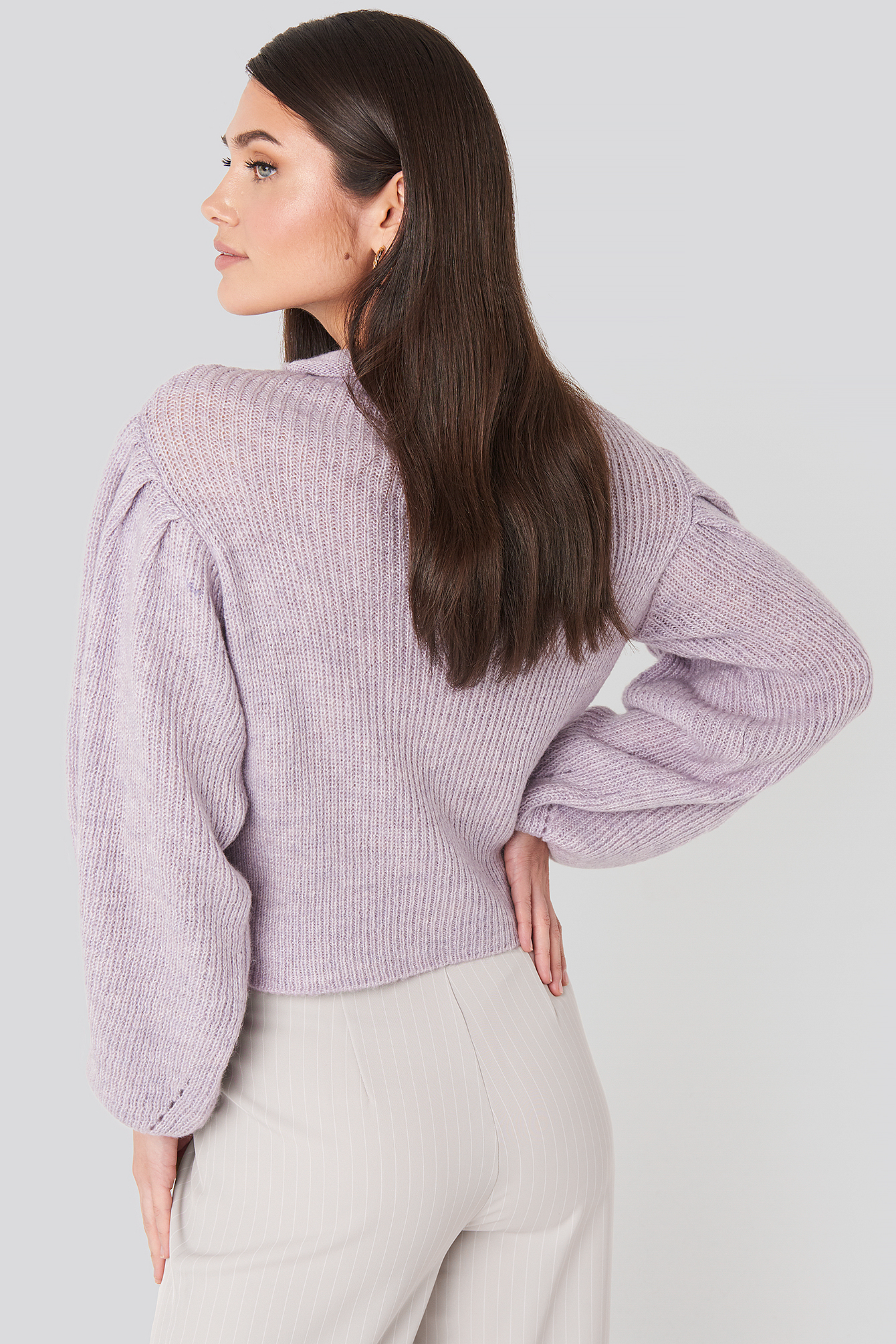 Ribbed High Neck Ballon Sleeve Knitted Sweater Light Ribbed High Neck Ballon Sleeve Knitted Sweater Light