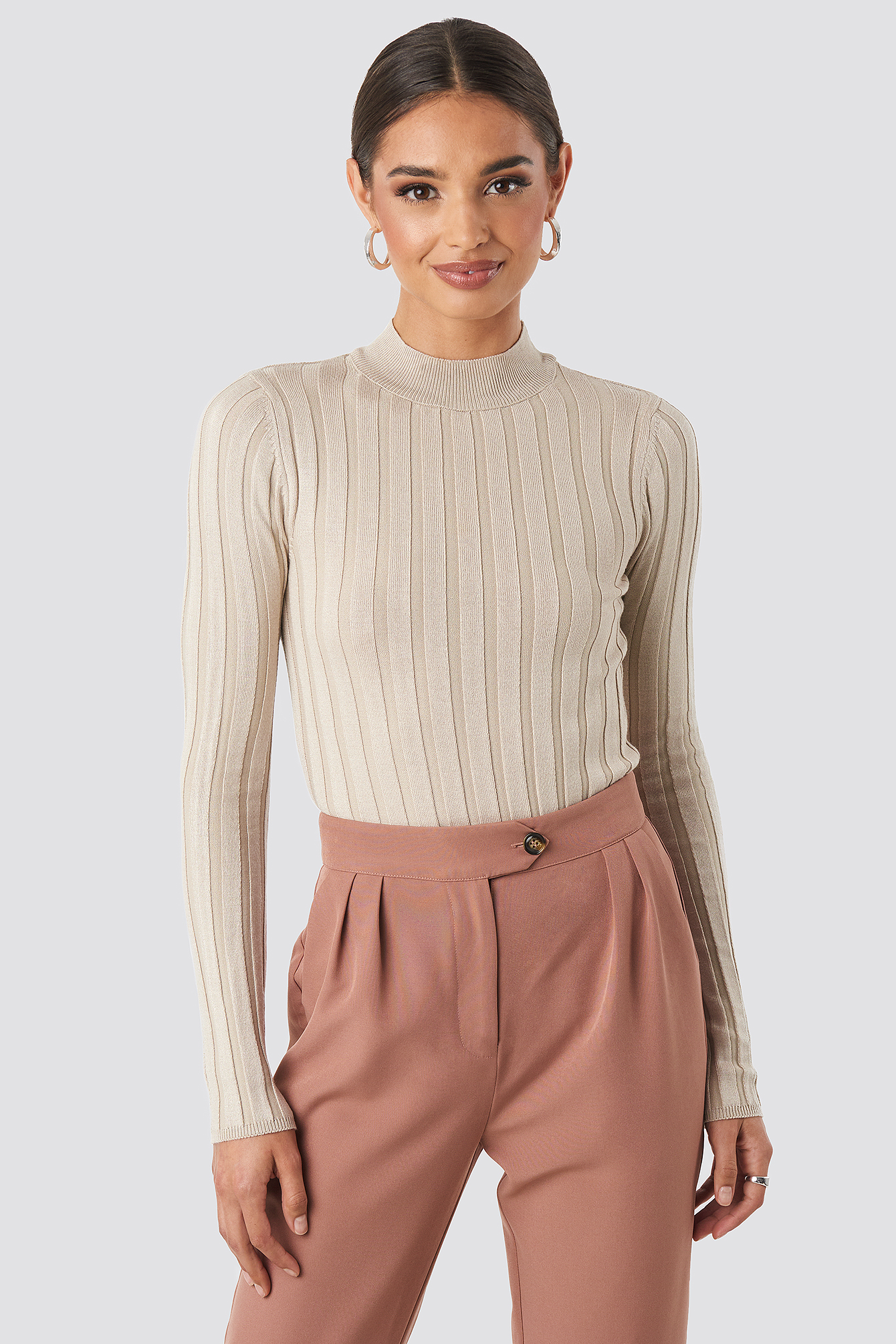 Ribbed High Neck Knitted Sweater Beige