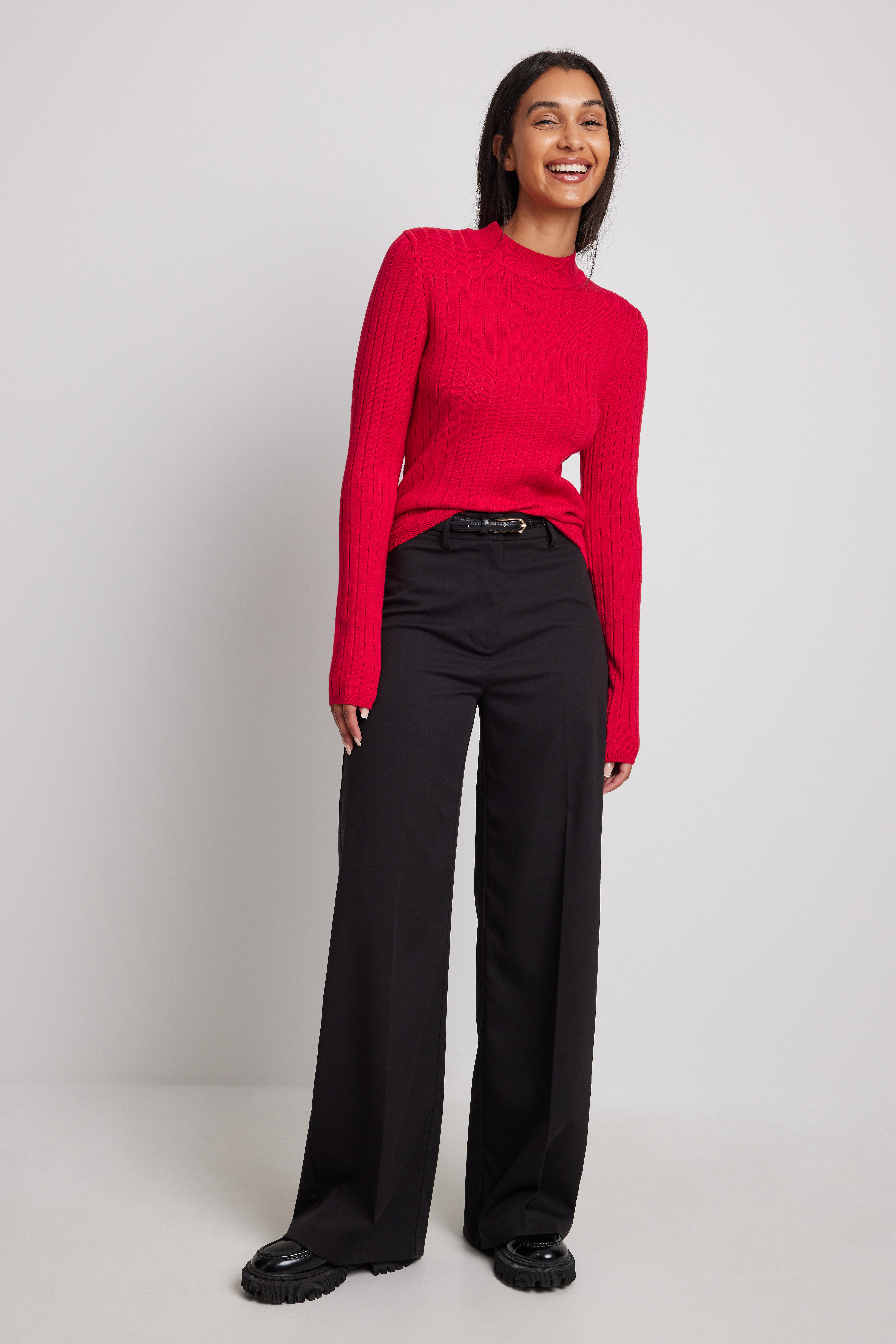 Ribbed High Neck Knitted Sweater Red 