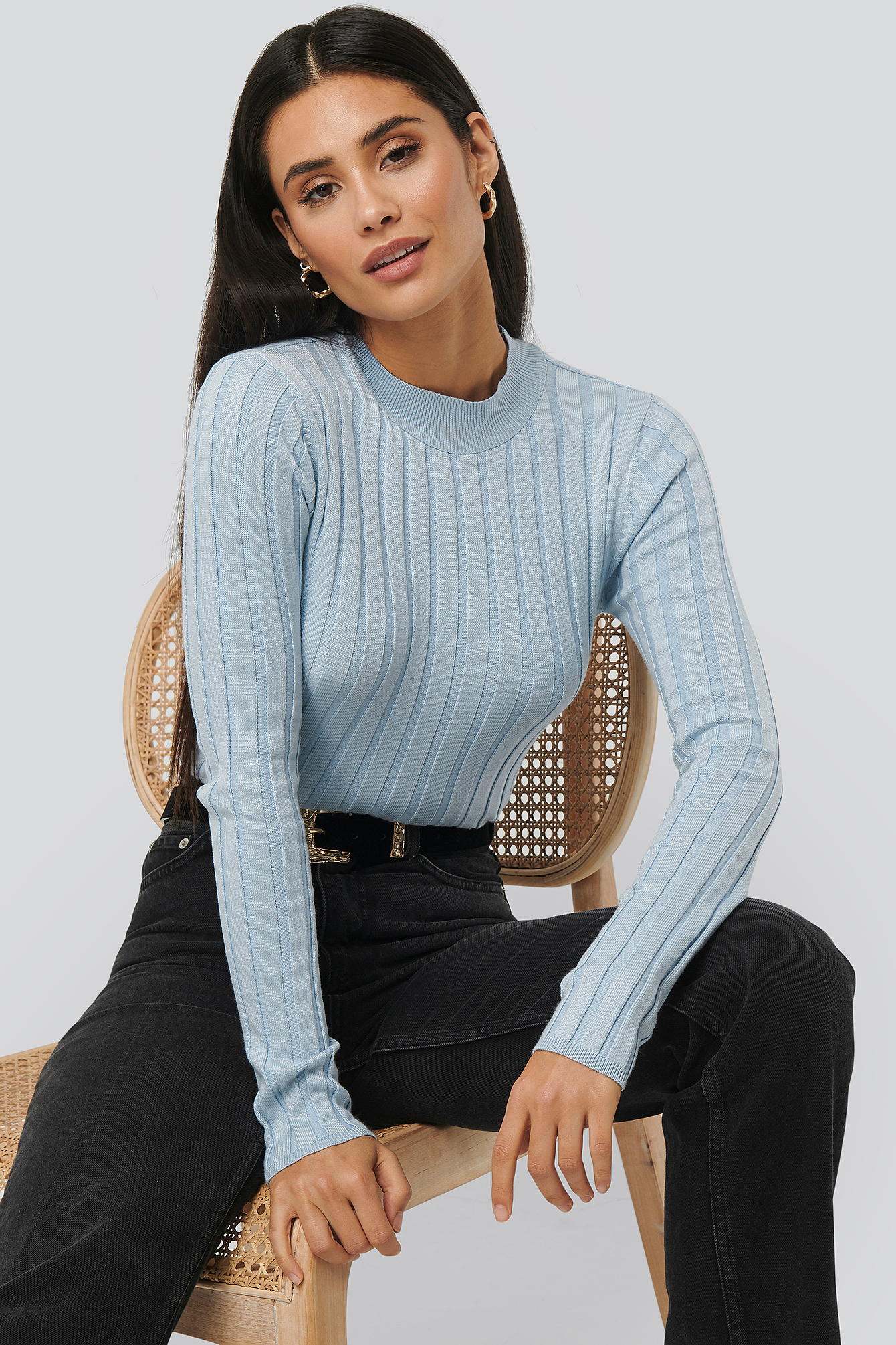 Ribbed High Neck Knitted Sweater Light Blue