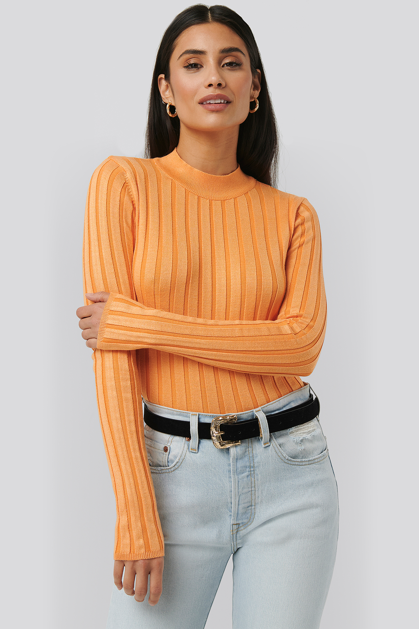 Ribbed High Neck Knitted Sweater Apricot