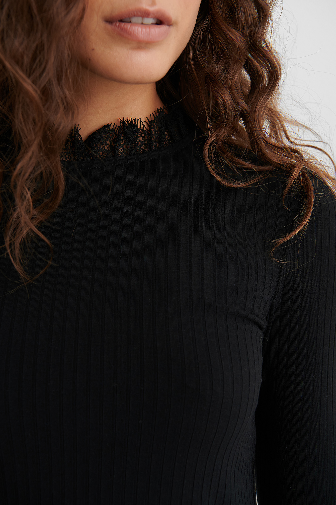 Black Ribbed High Neck Lace Top