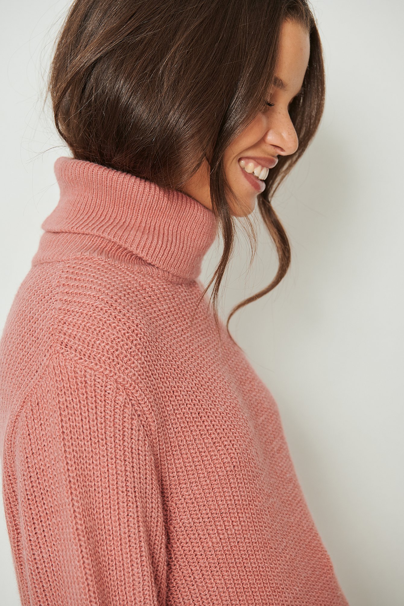Dusty Pink Ribbed High Neck Round Slit Sweater