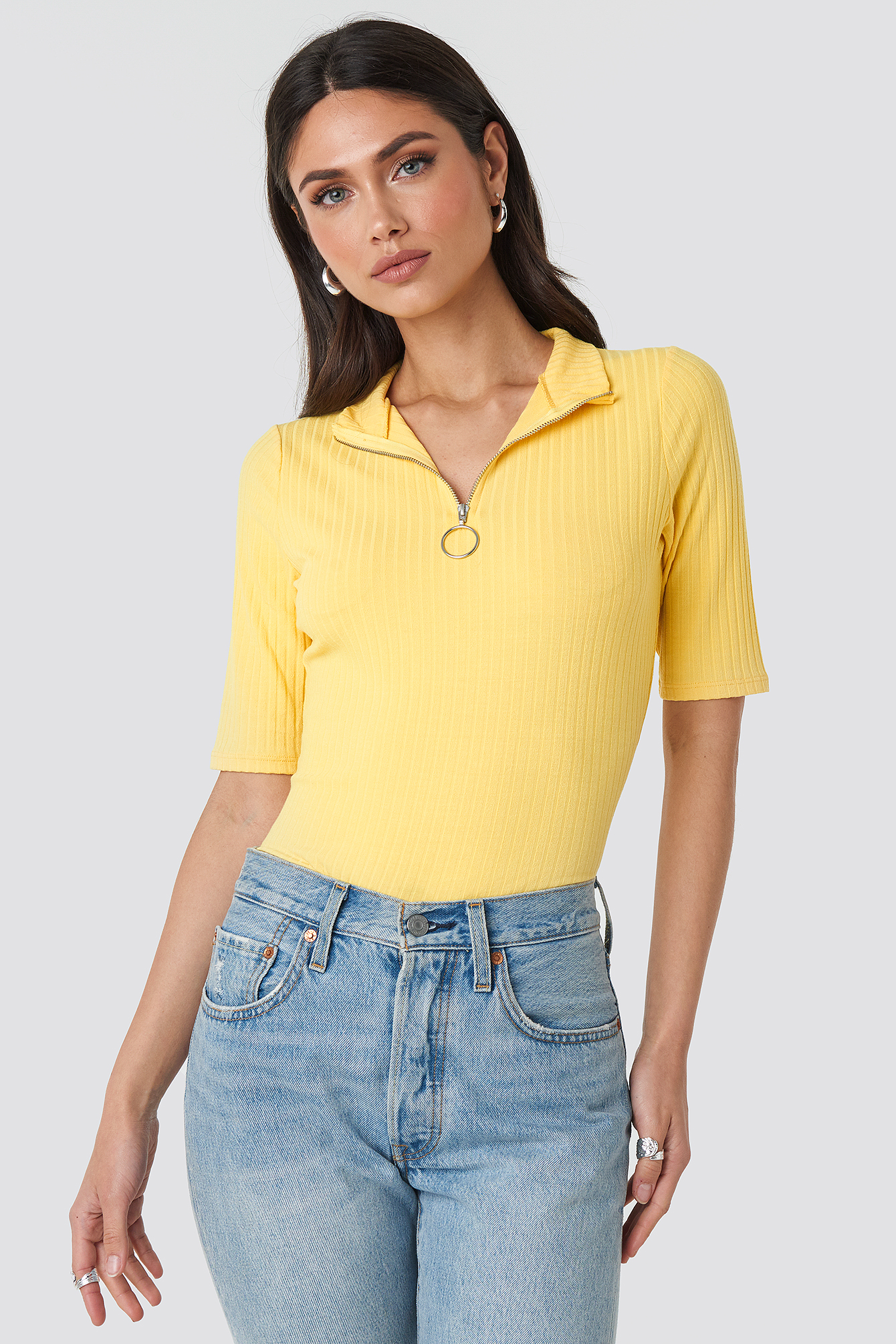 Ribbed High Neck Top Yellow