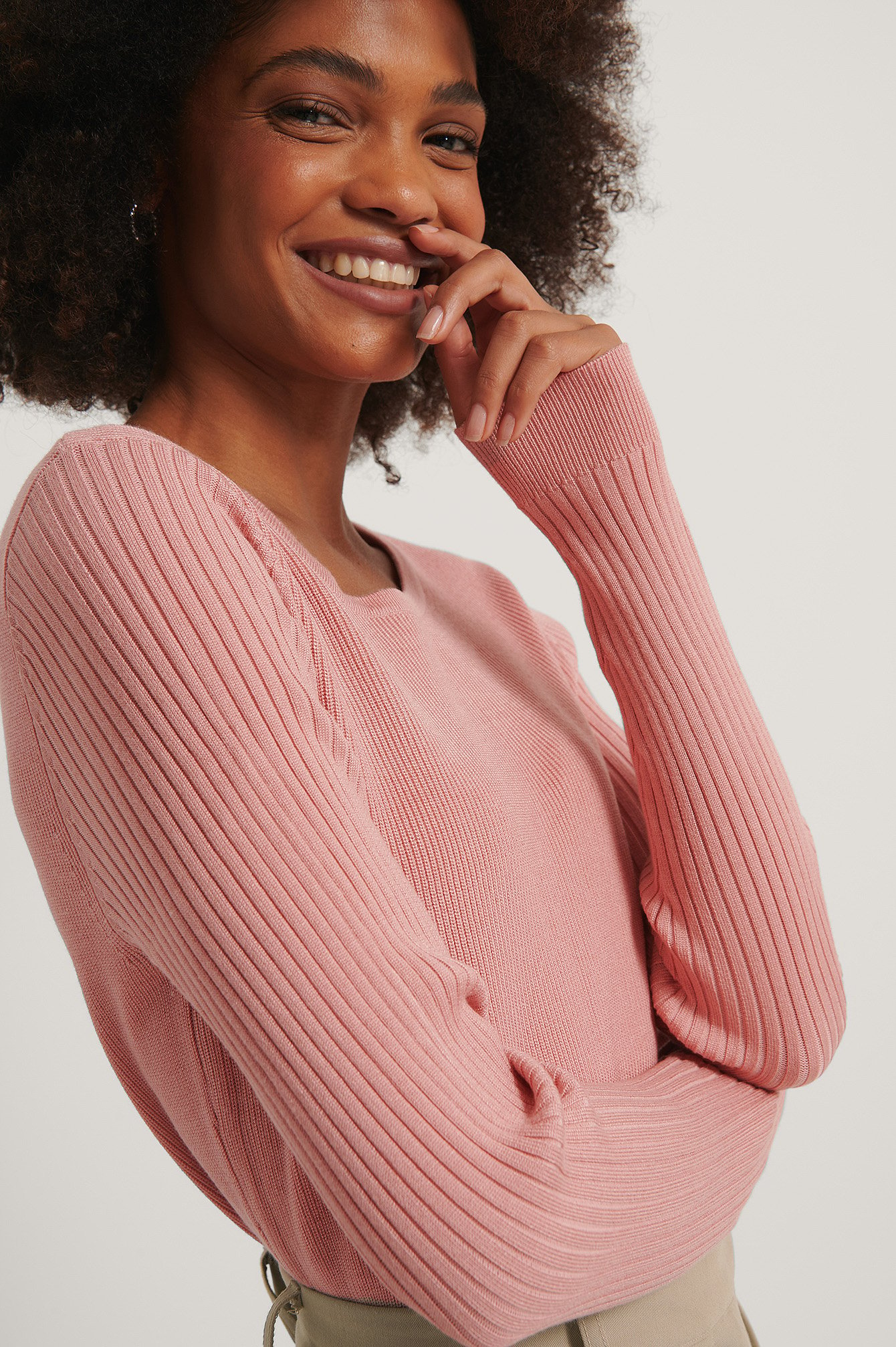 Dusty Pink Ribbed Knitted Cropped Sweater