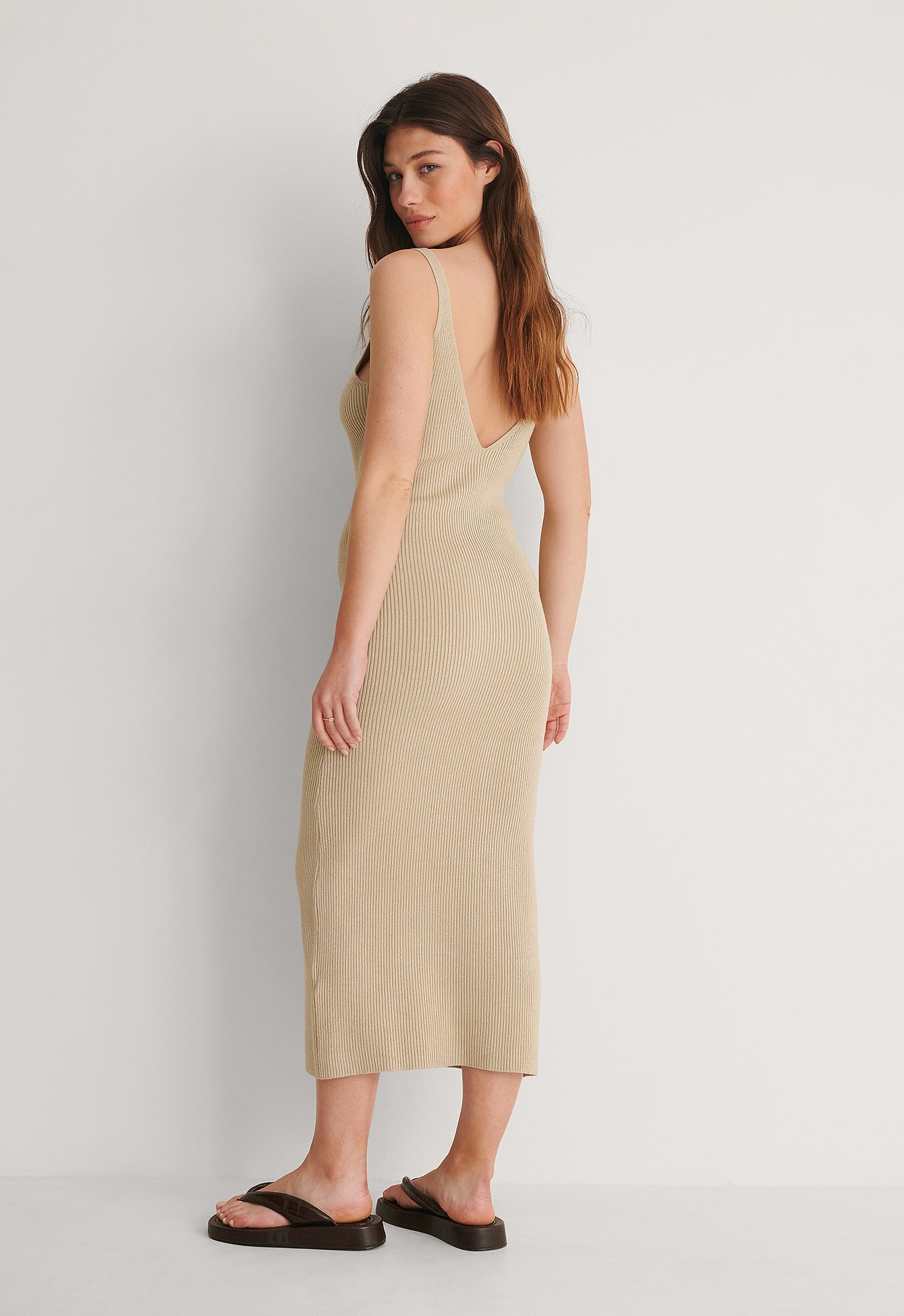 Beige Ribbed Knitted Deep Back Dress