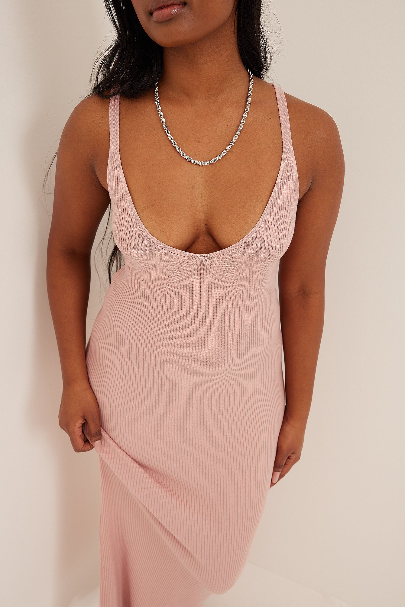 Pink Ribbed Knitted Deep Back Dress