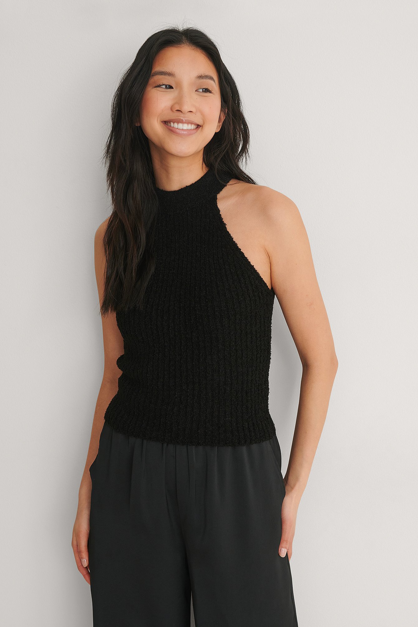 Black Ribbed Knitted High Neck Singlet