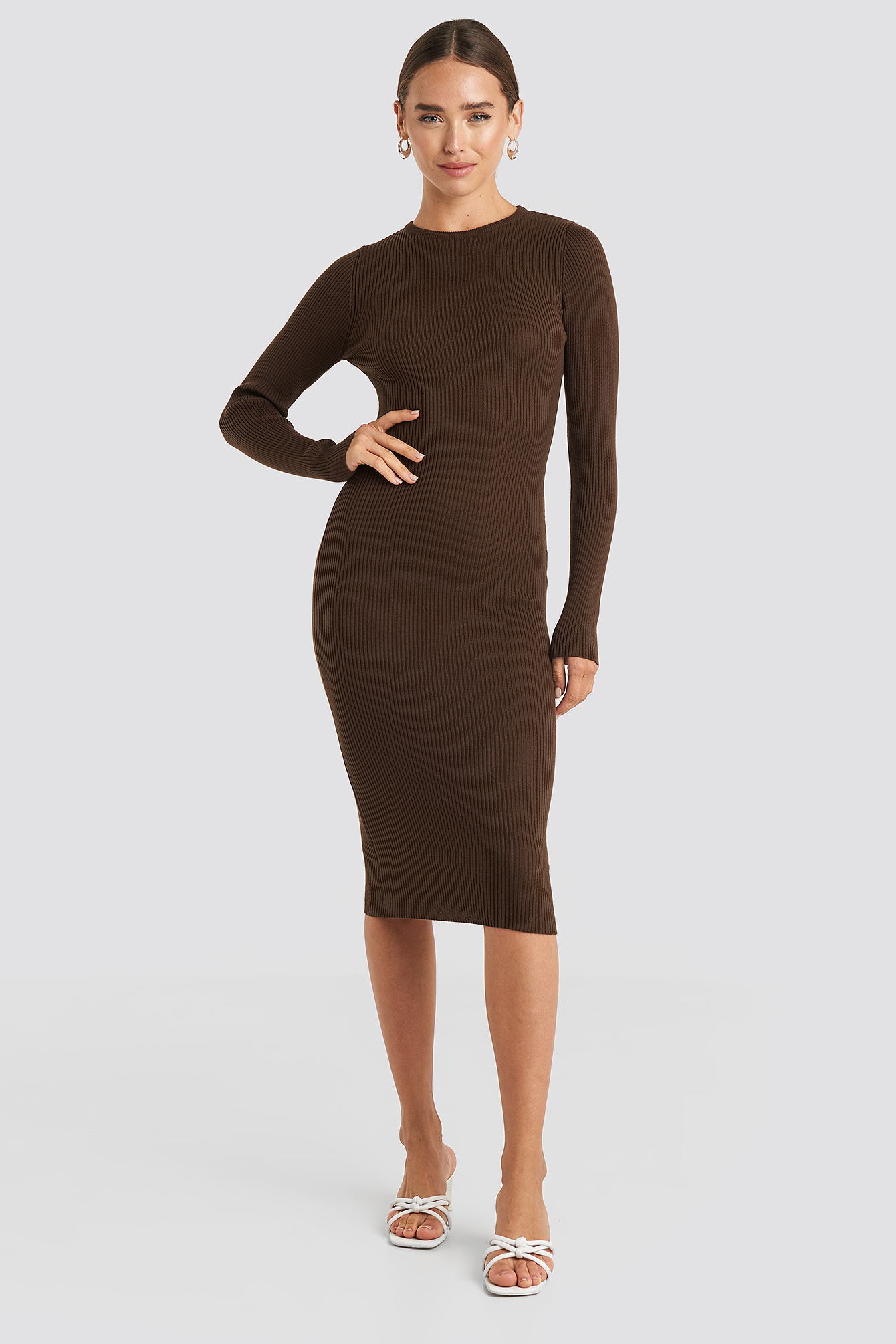 Ribbed Knitted Midi Dress Brown
