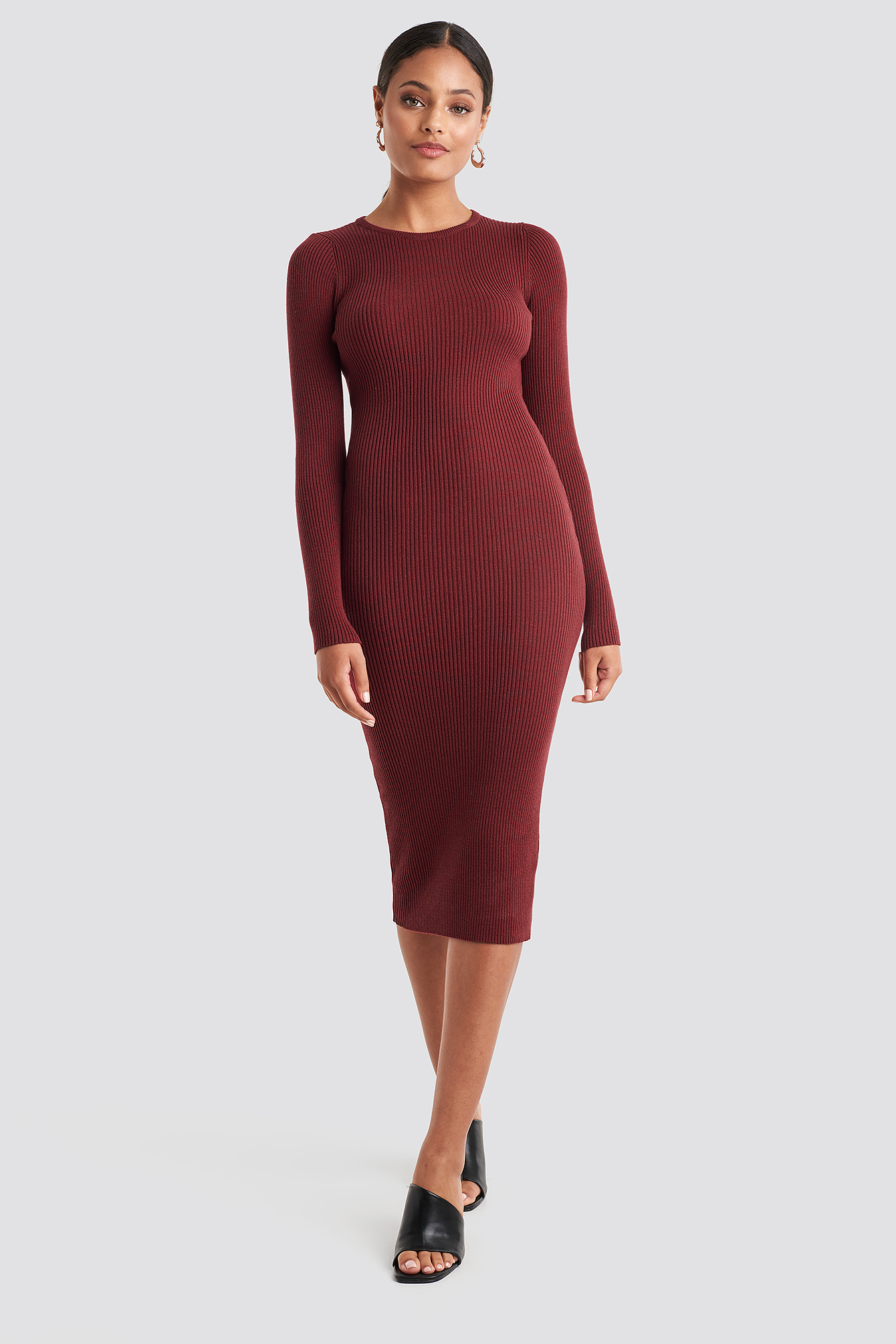 Ribbed Knitted Midi Dress Burgundy