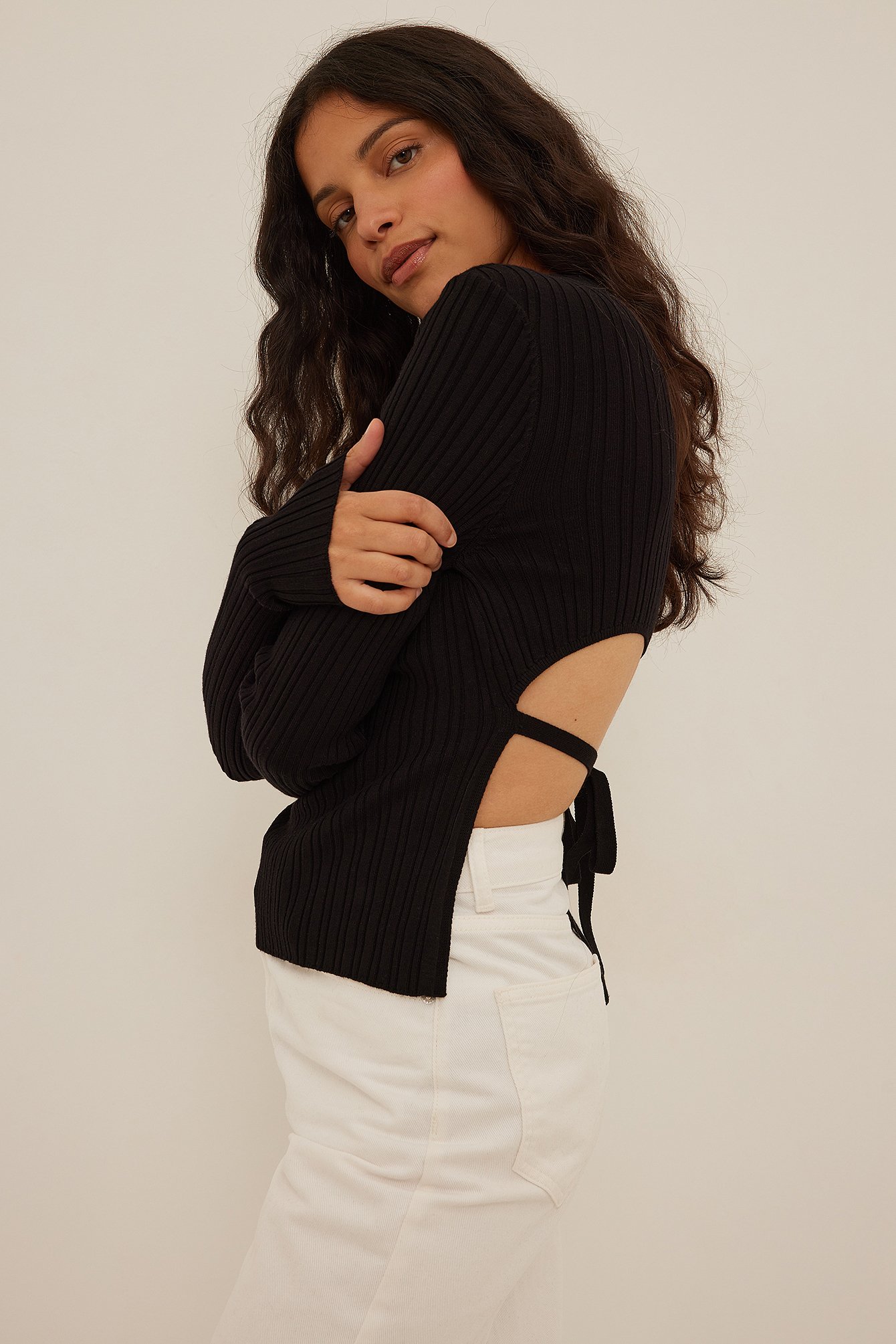 Black Ribbed Fine Knitted Open Back Top