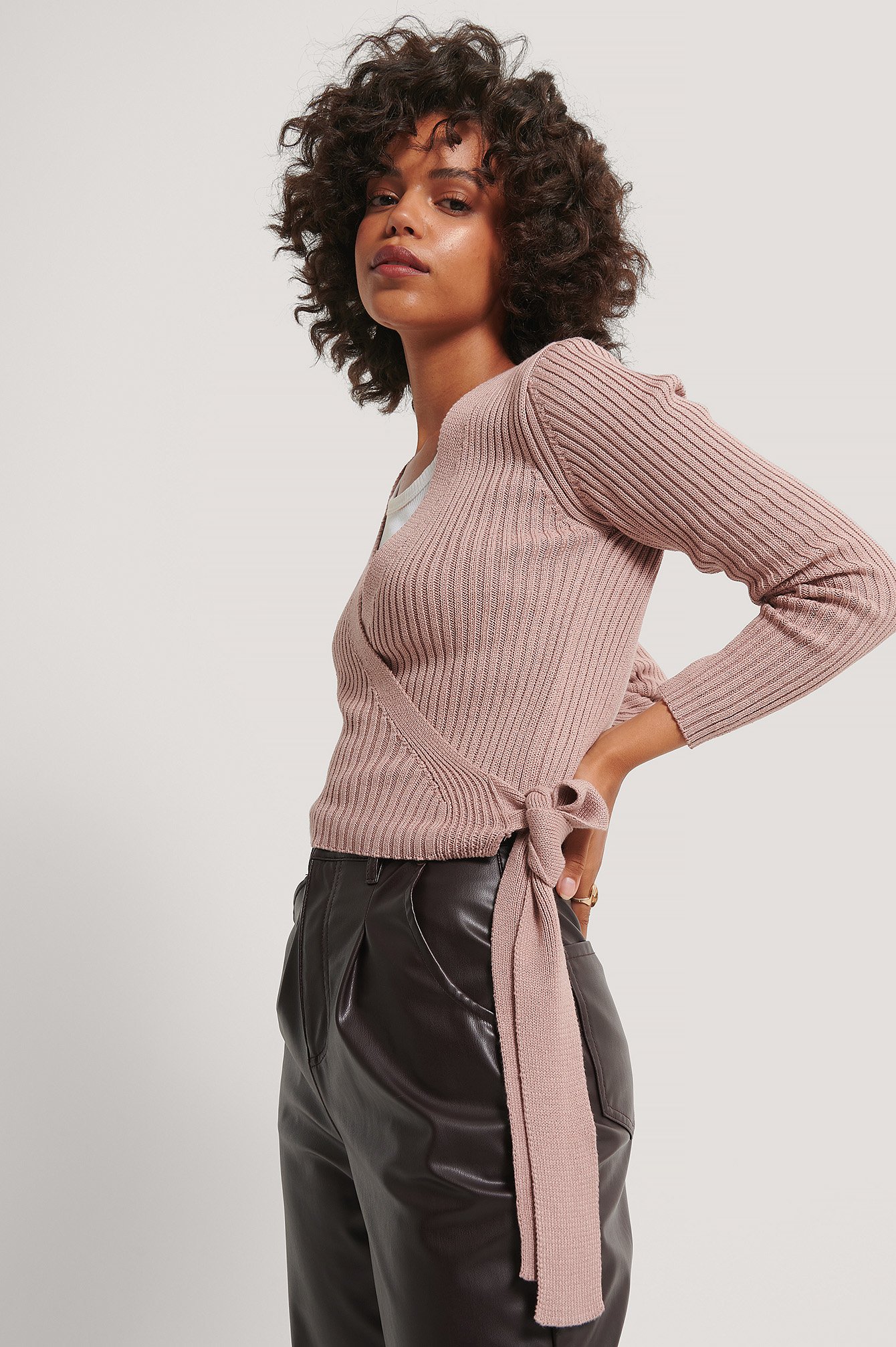 Dusty Pink Ribbed Knitted Overlap Sweater