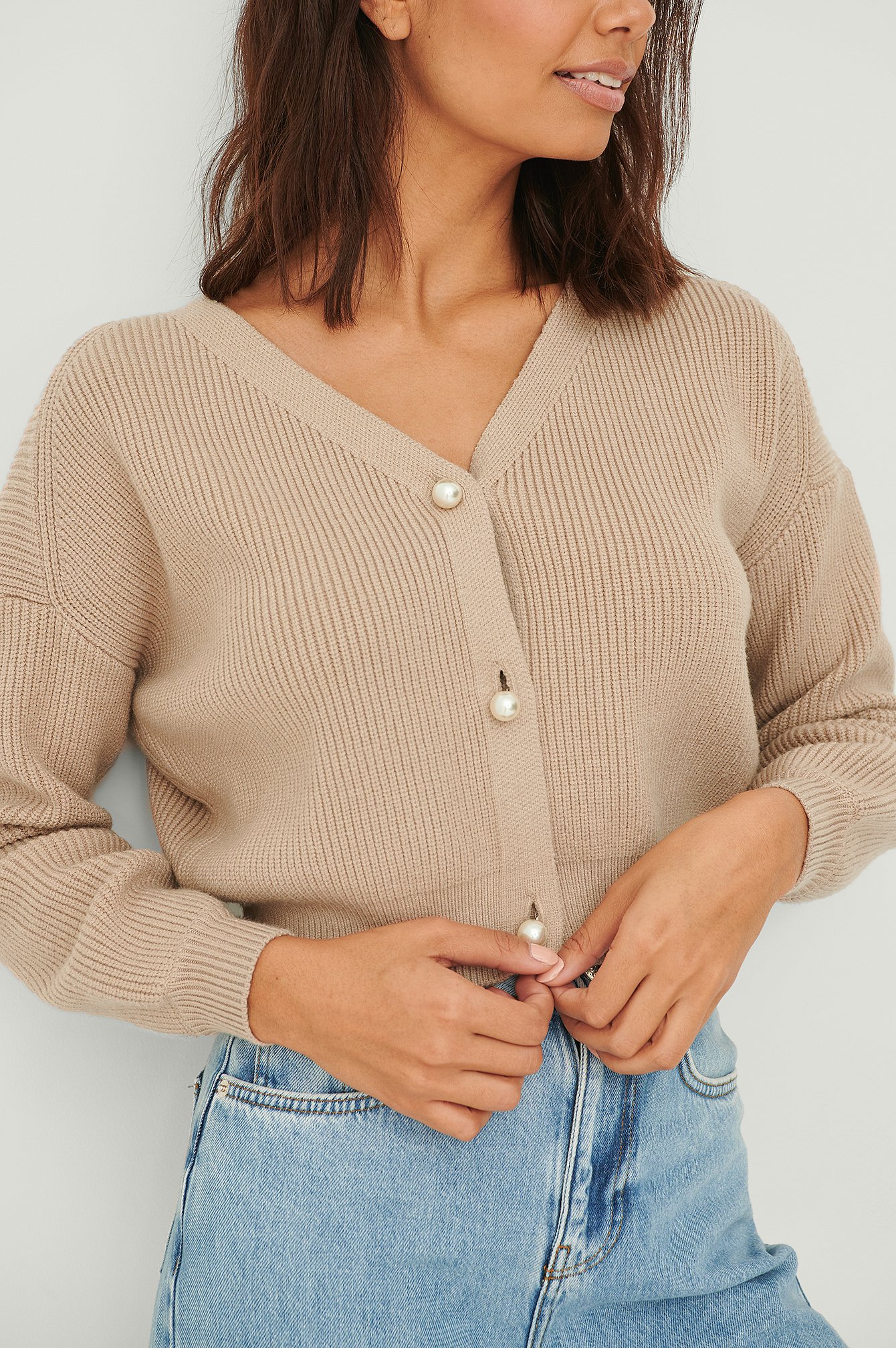 Ribbed Knitted Pearl Button Cardigan Beige | na-kd.com