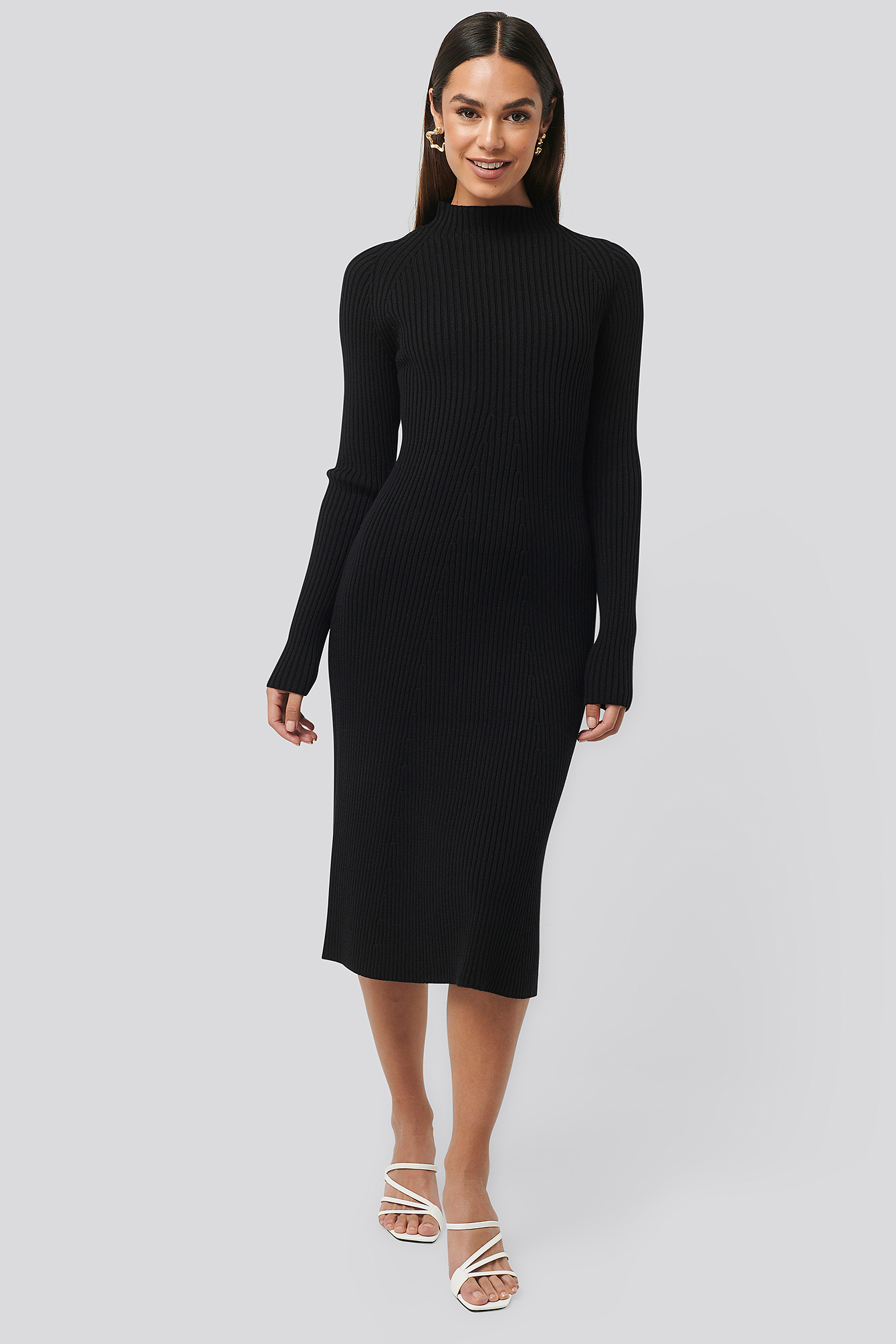 Ribbed Knitted Polo Dress Zwart