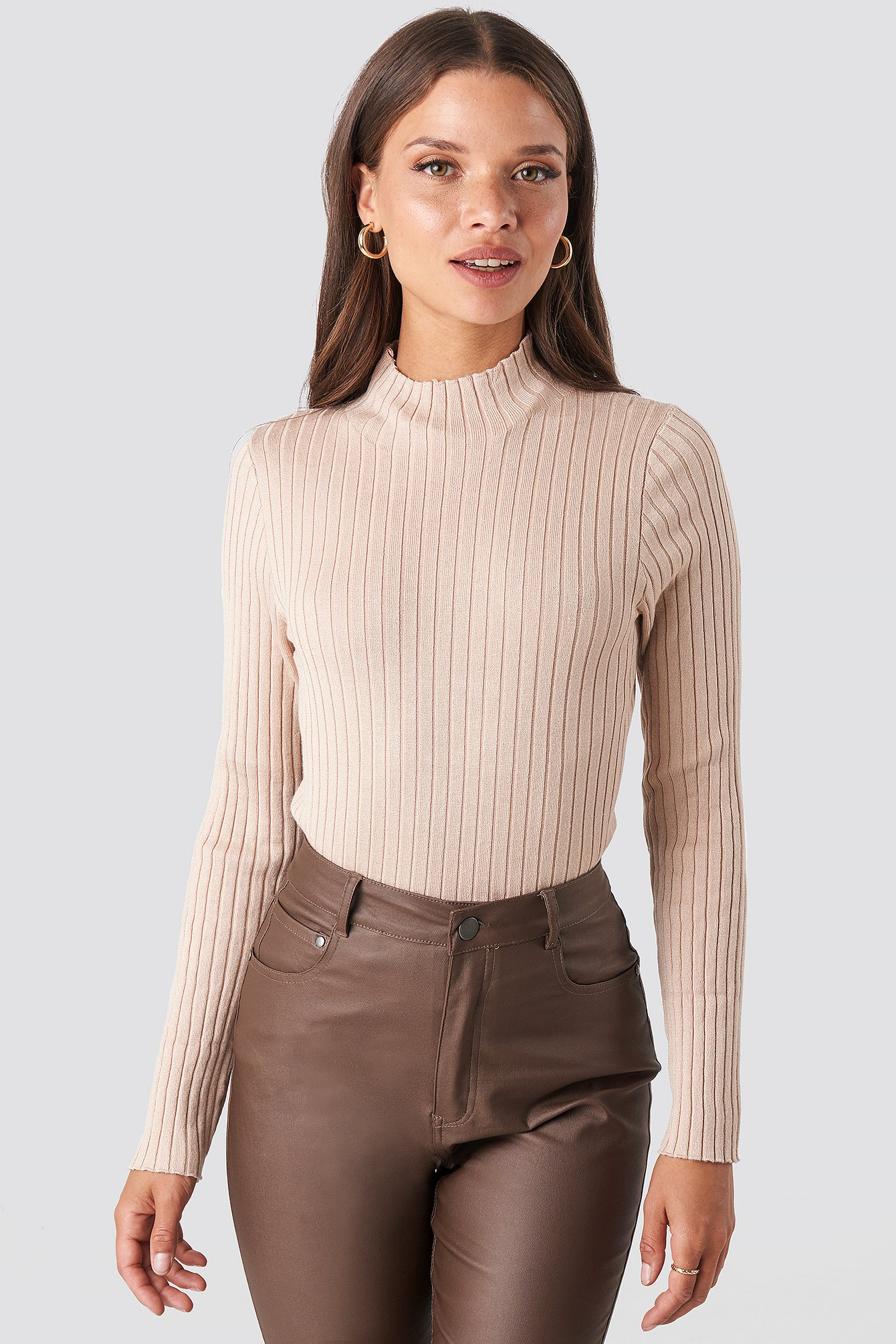 Light Beige Ribbed Knitted Polo Sweater