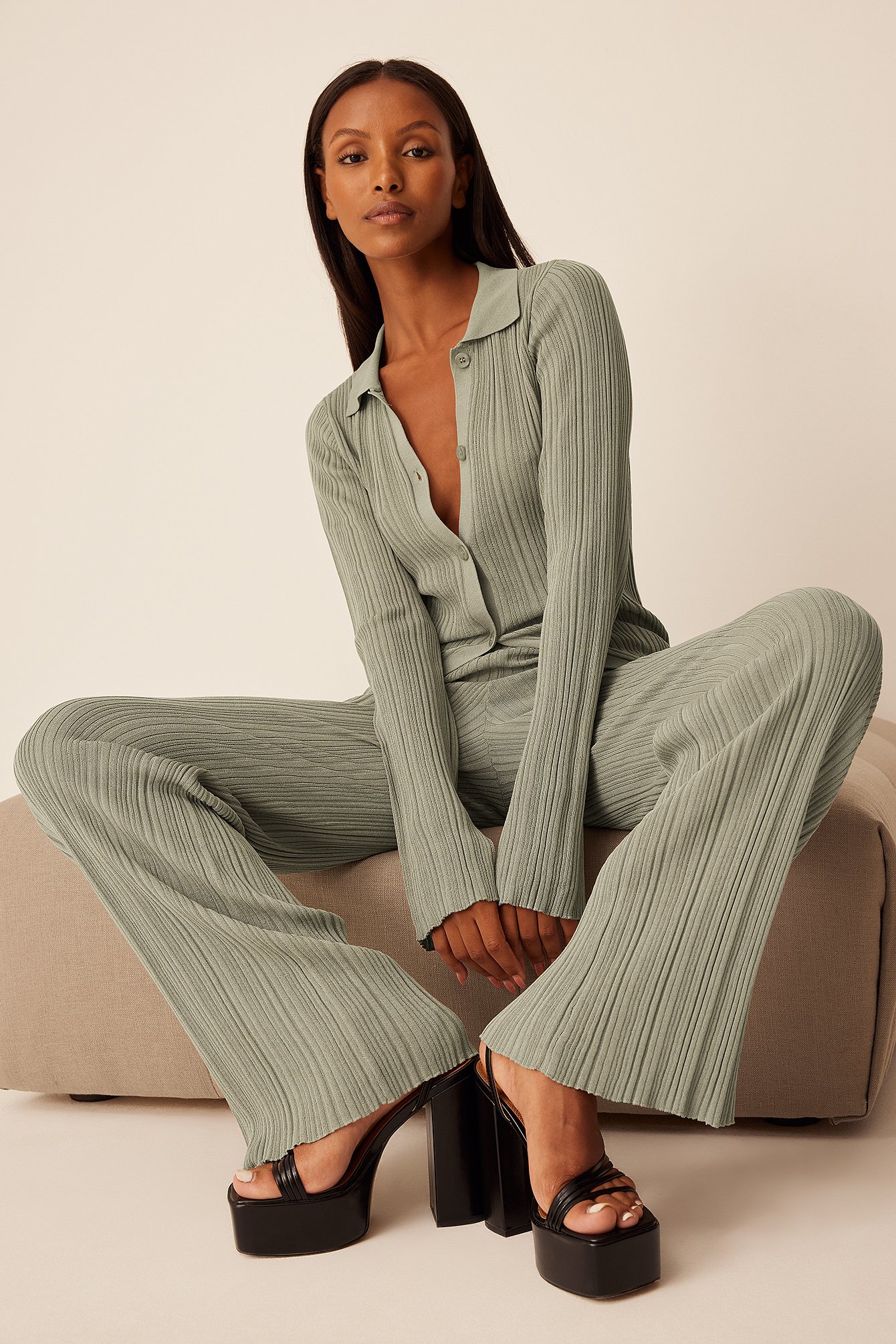 Sage Ribbed Knitted Trousers