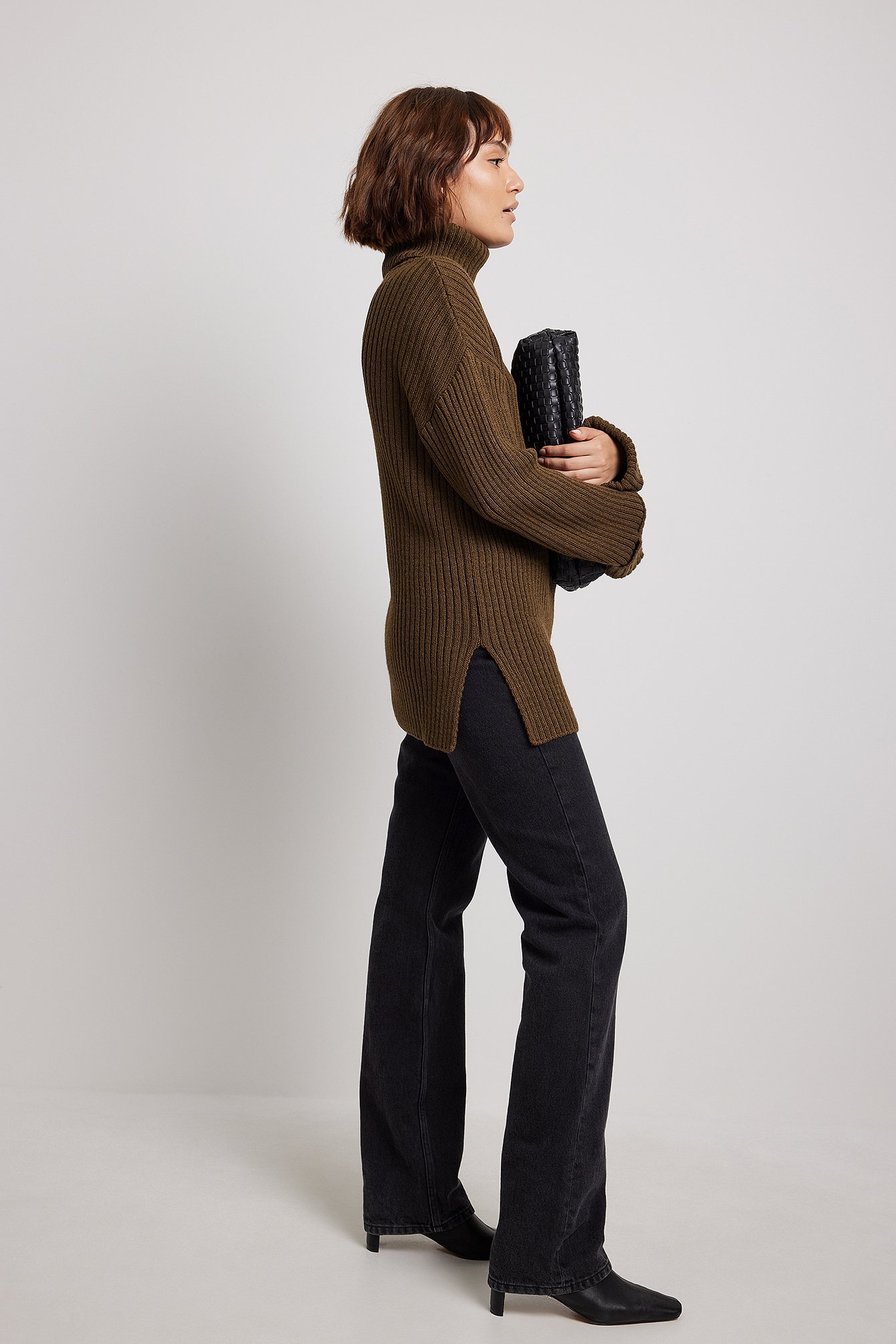 Brown Ribbed Knitted Turtleneck Side Slit Sweater