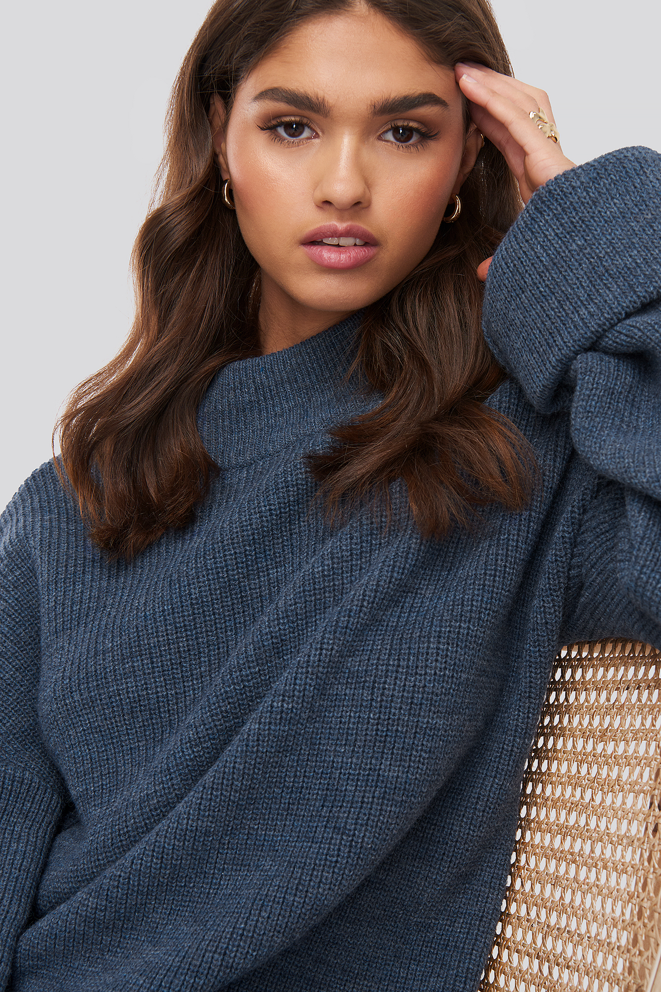 blue ribbed turtleneck