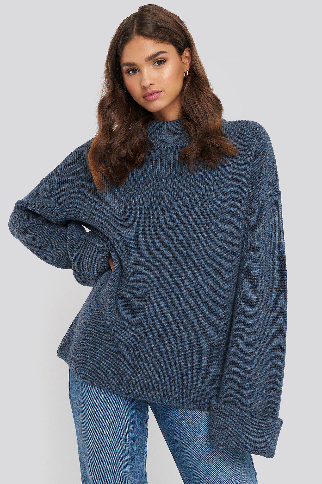 blue ribbed turtleneck
