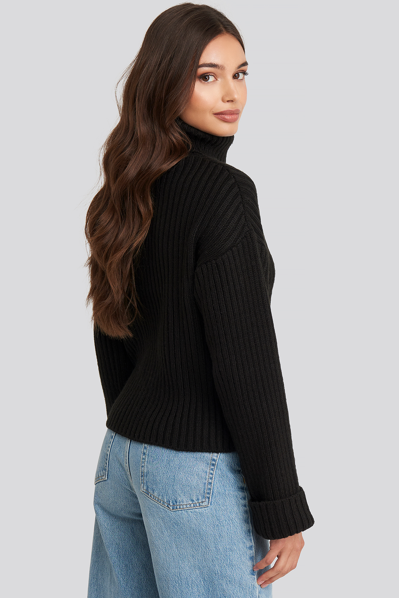 Black Ribbed Knitted Turtleneck Sweater