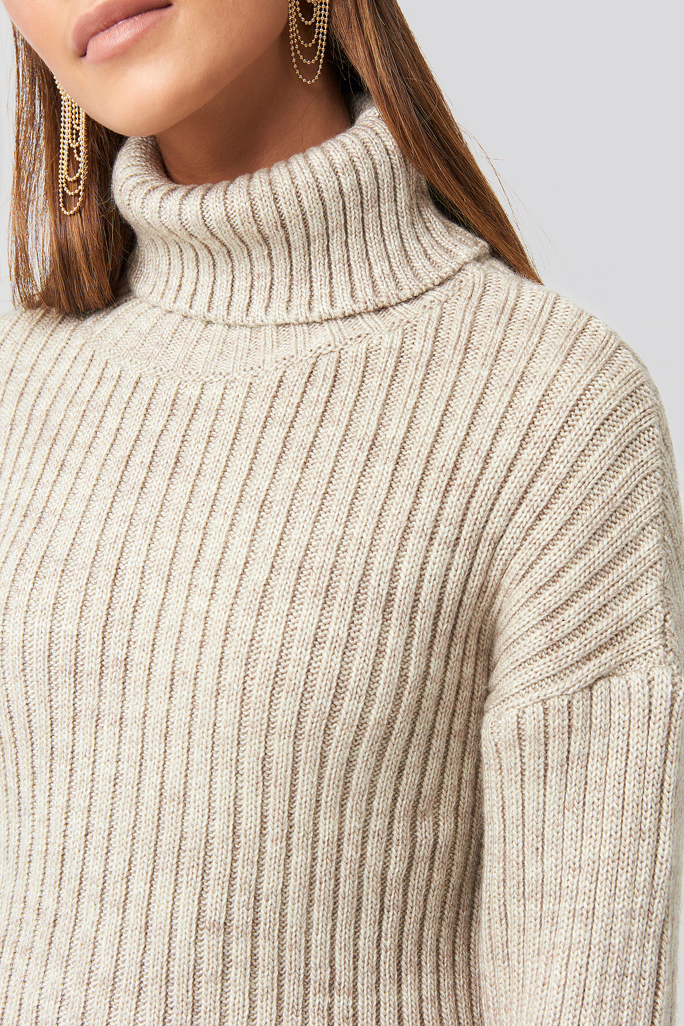Ribbed Knitted Turtleneck Sweater Beige