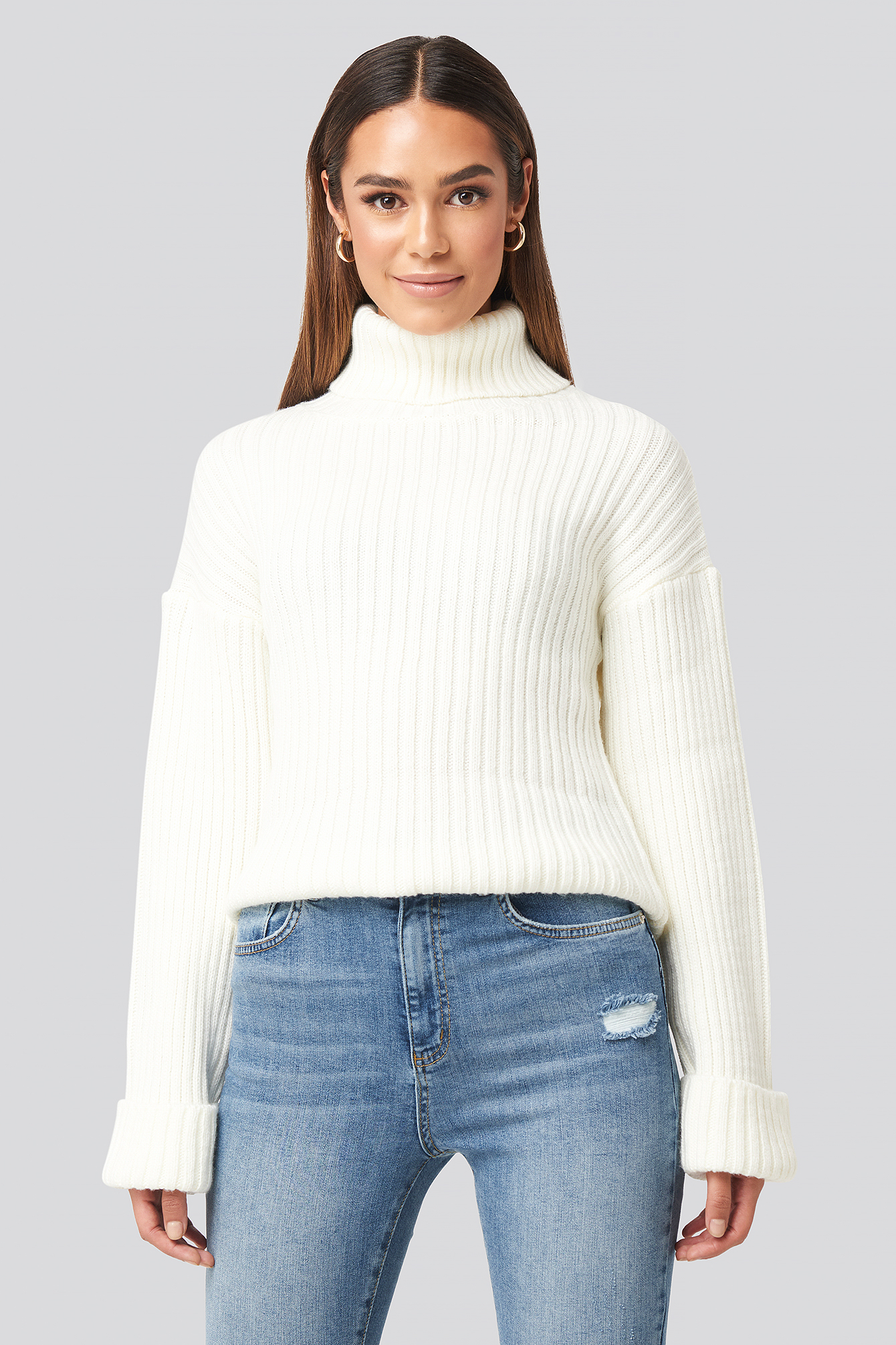 Ribbed Knitted Turtleneck Sweater Offwhite