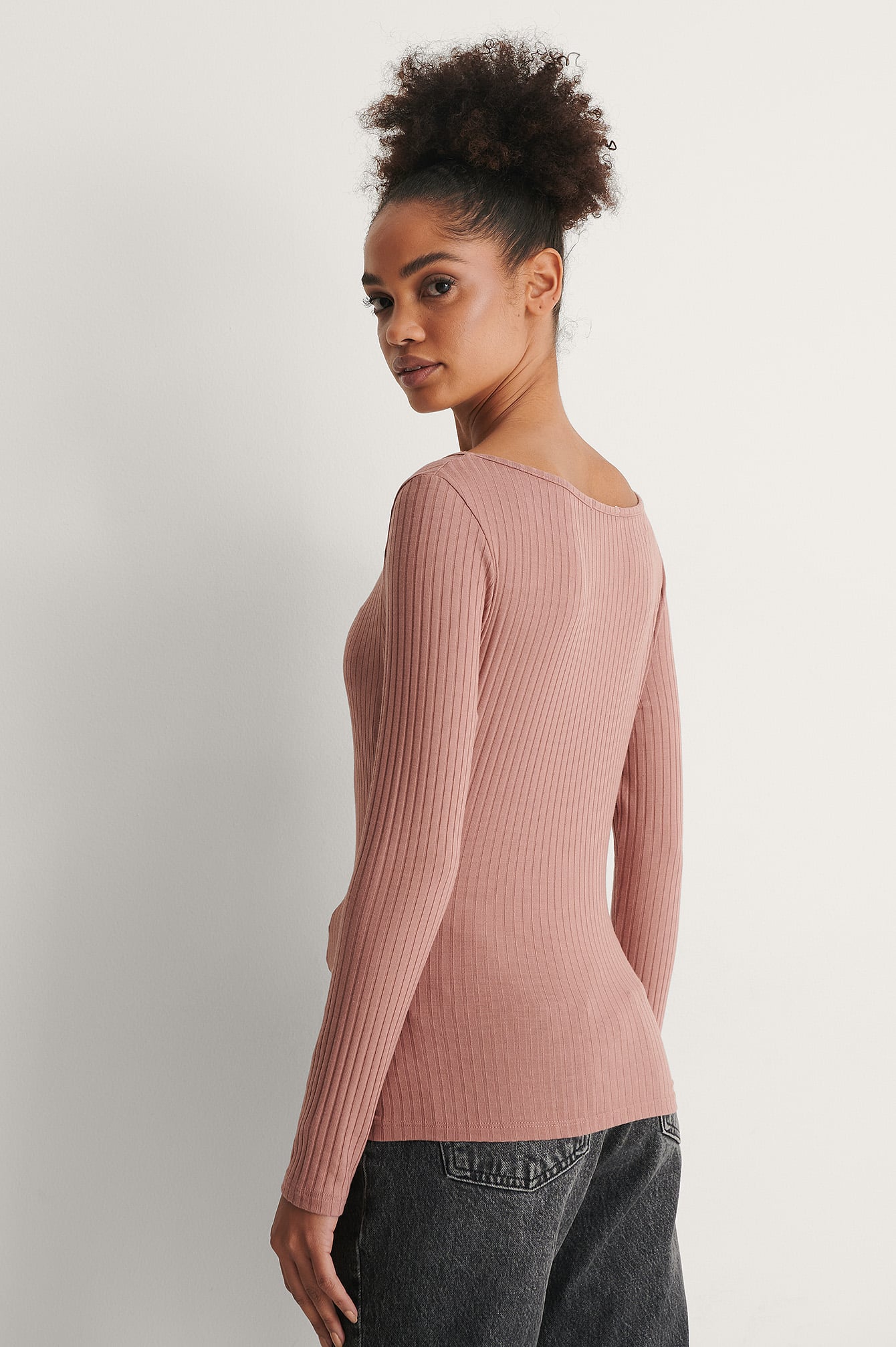 Ribbed Long Sleeve V-Neck Top Pink | na 