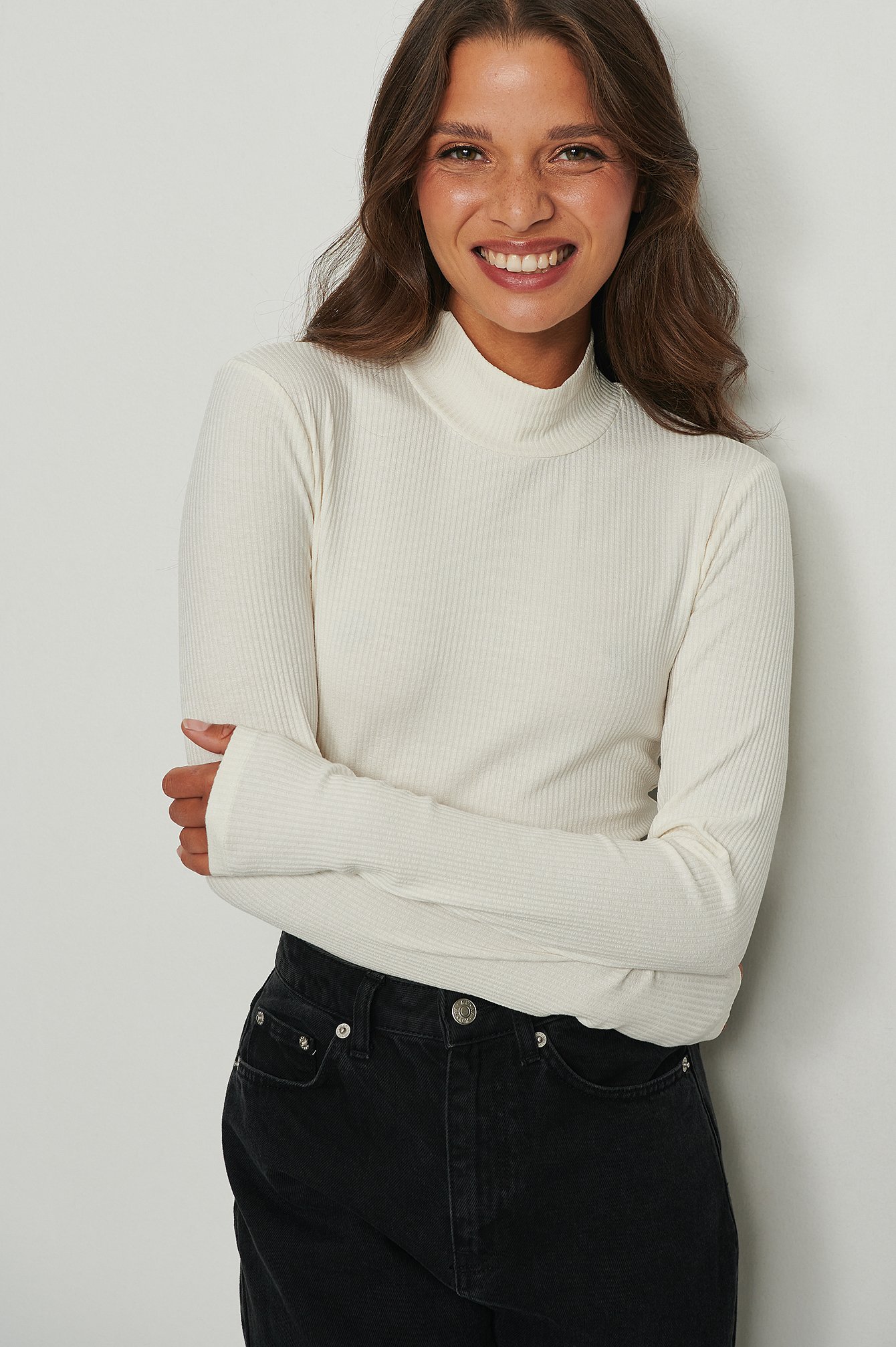Ribbed Long Sleeved Turtle Neck Top Offwhite NA-KD