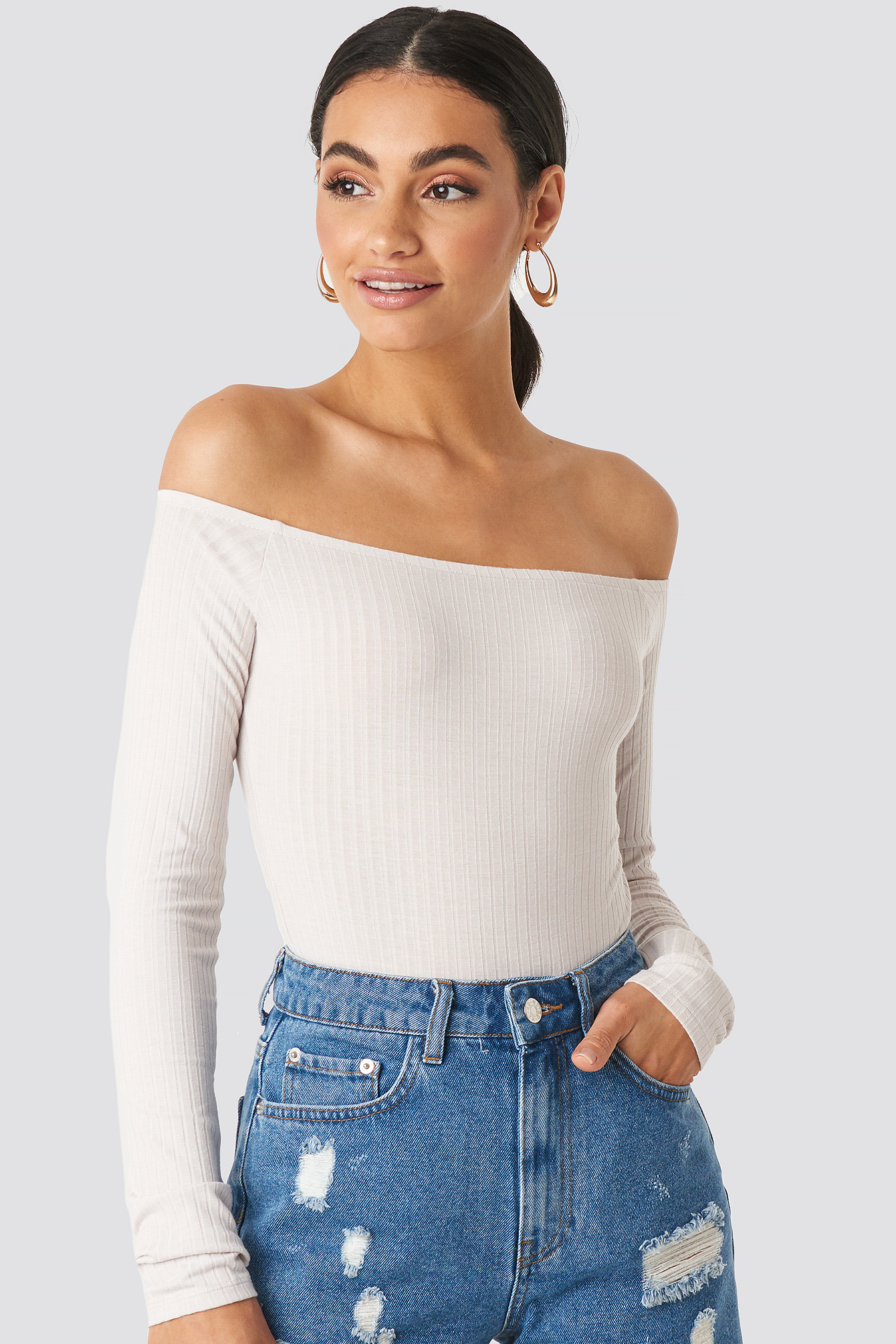 Ribbed Off Shoulder Body Dusty Light Beige
