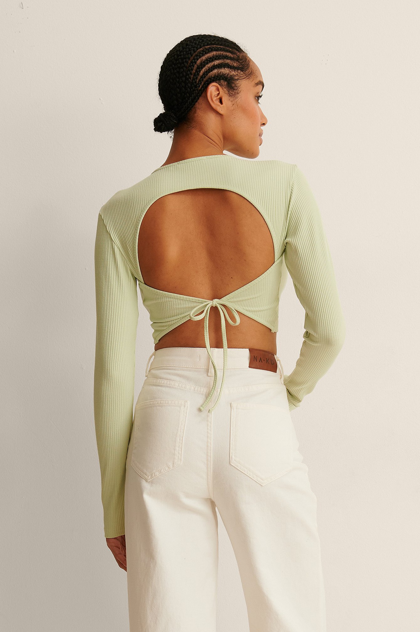 Light Green Ribbed Open Back Detail Top
