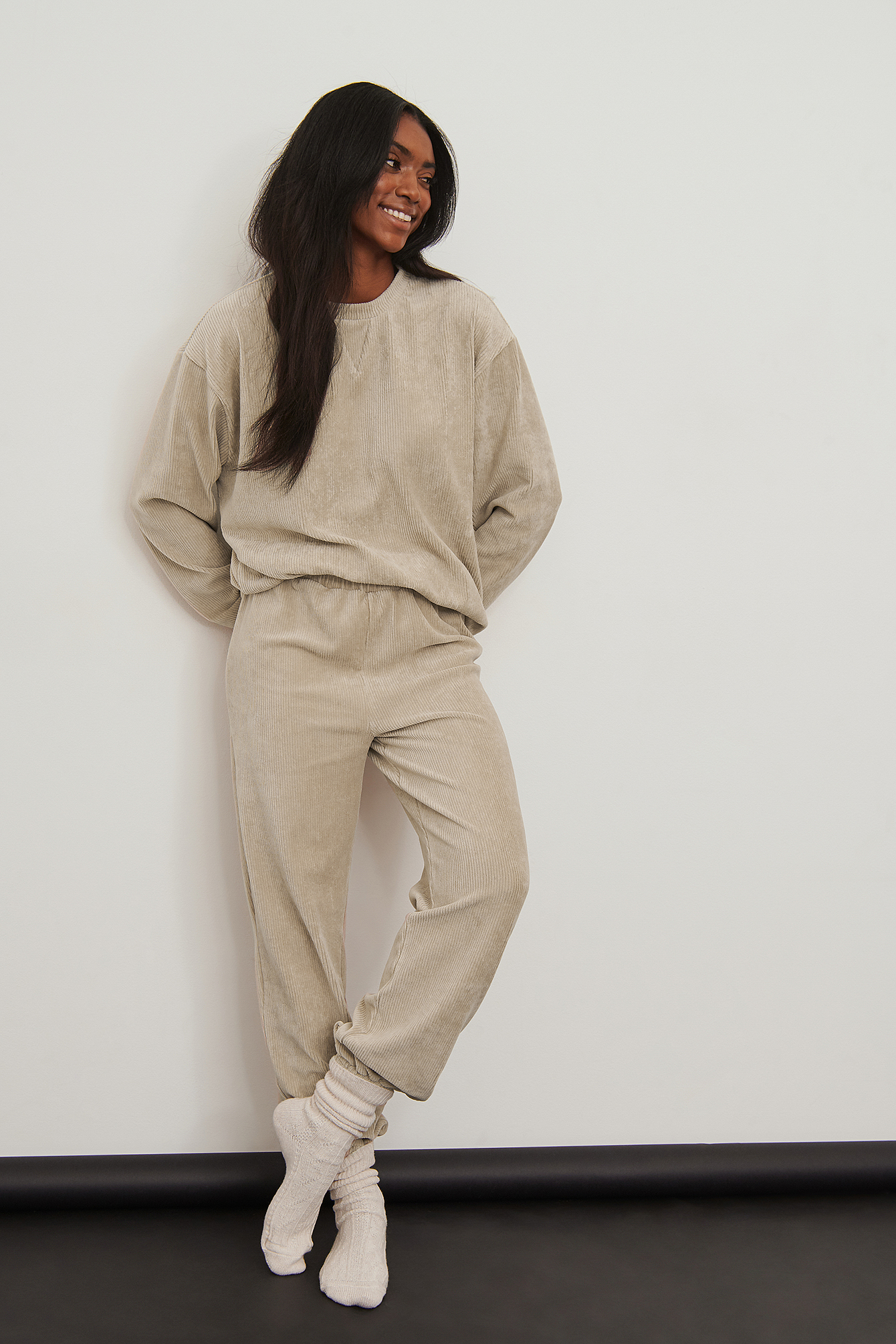 Ribbed Oversized Sweatshirt Beige | na 