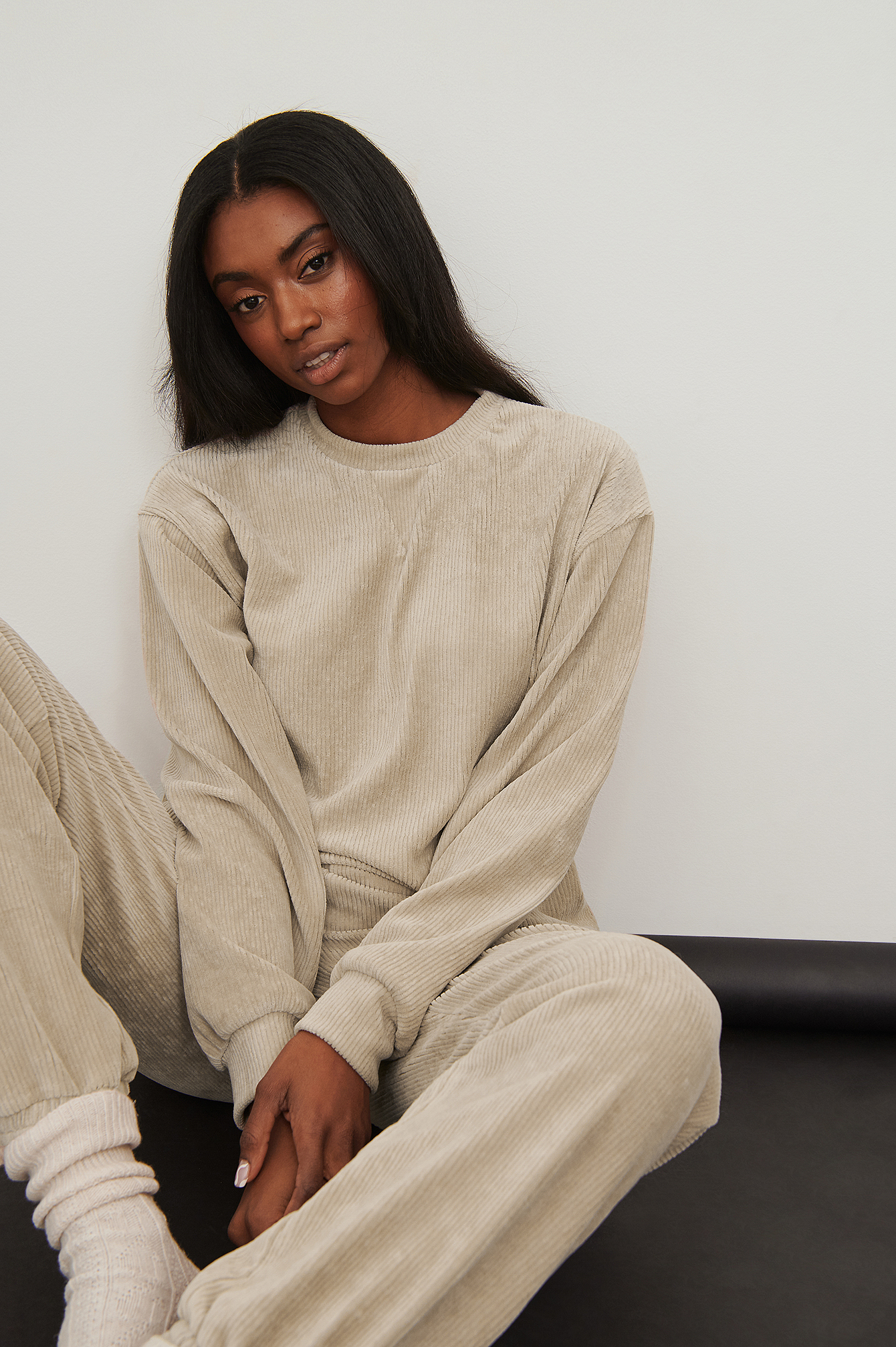 NA-KD Ribbed Oversized Sweatshirt - Beige
