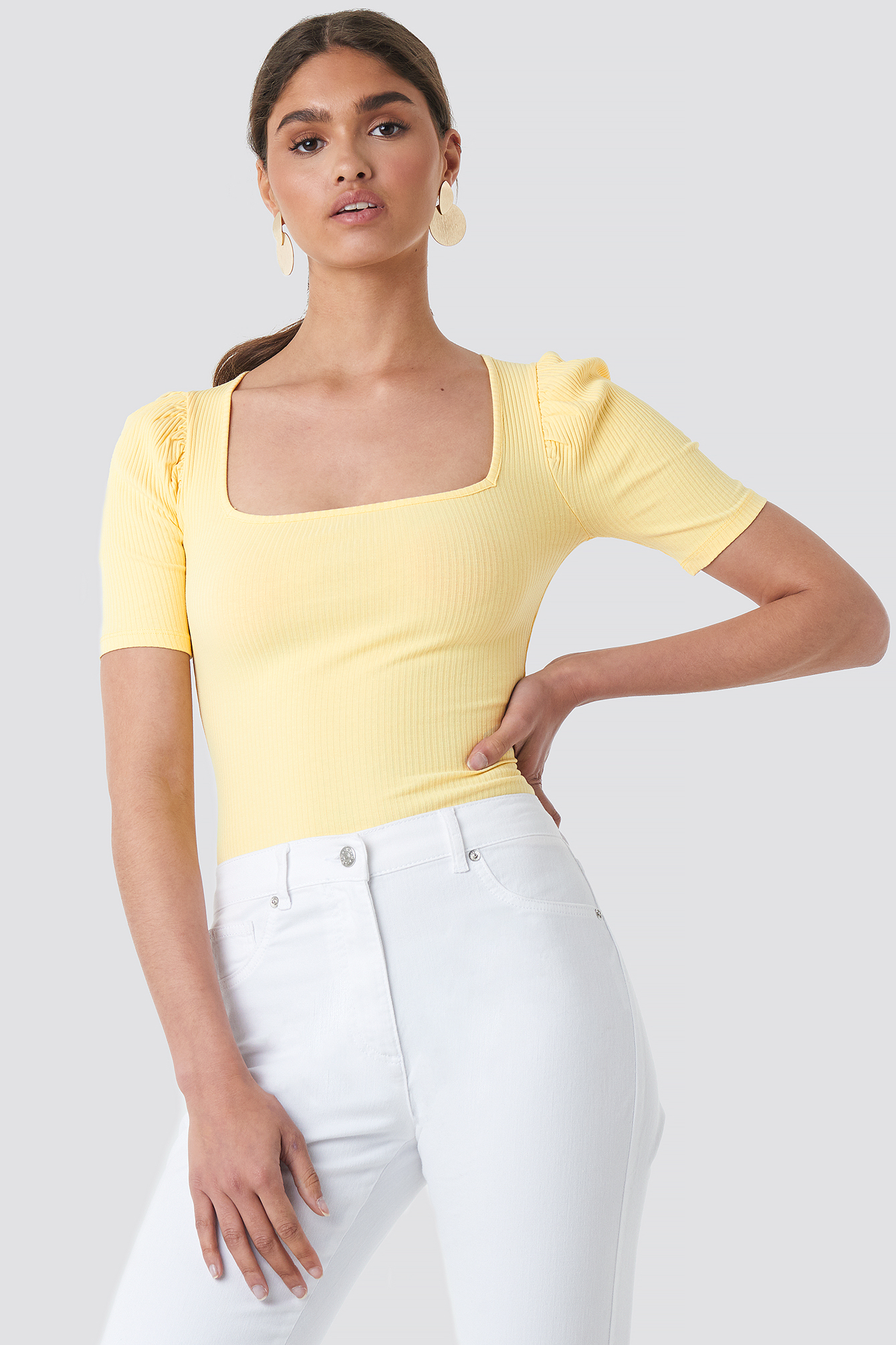 Ribbed Puff Short Sleeve Top Yellow