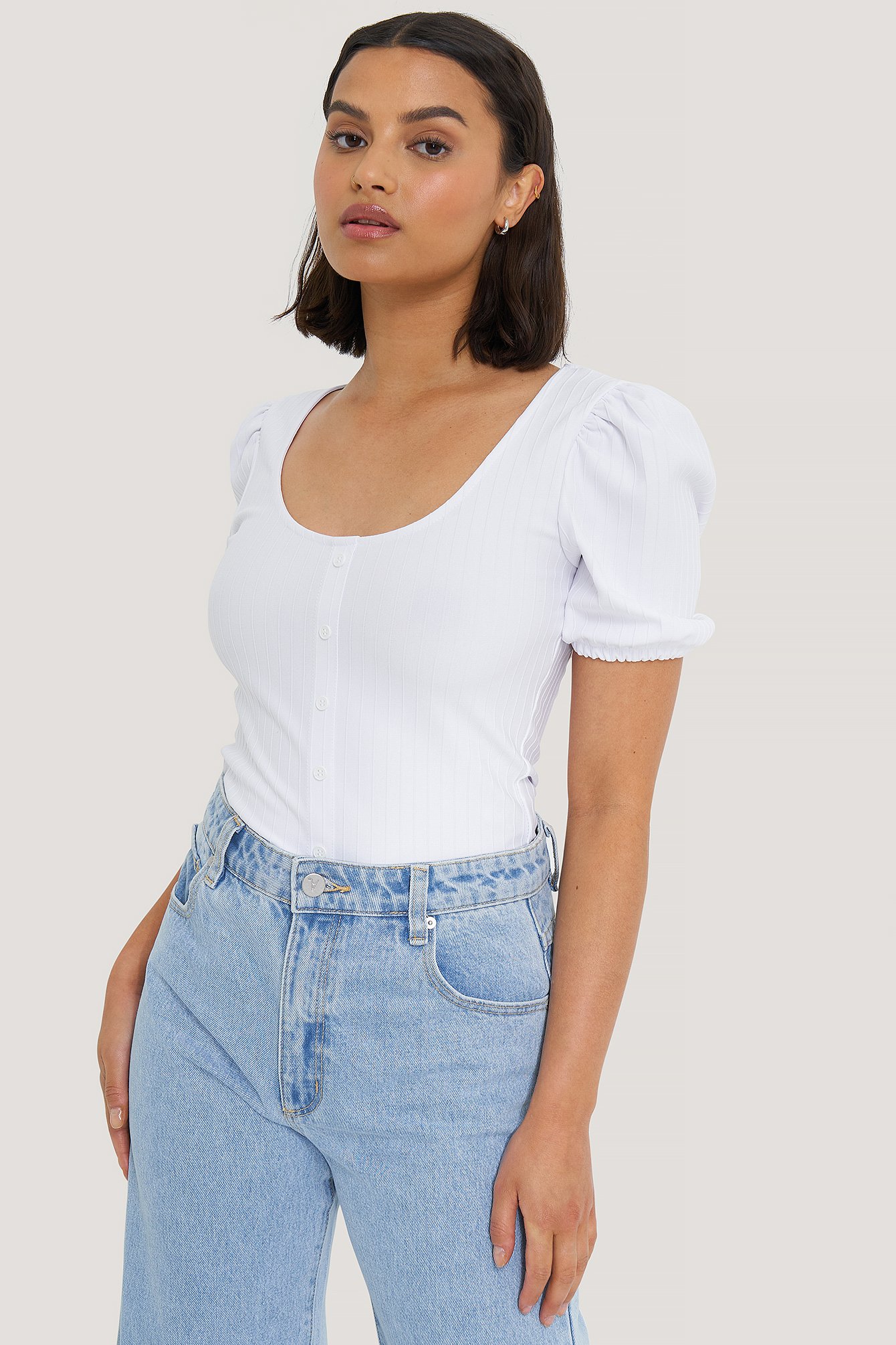 White Ribbed Puff Sleeve Button Top