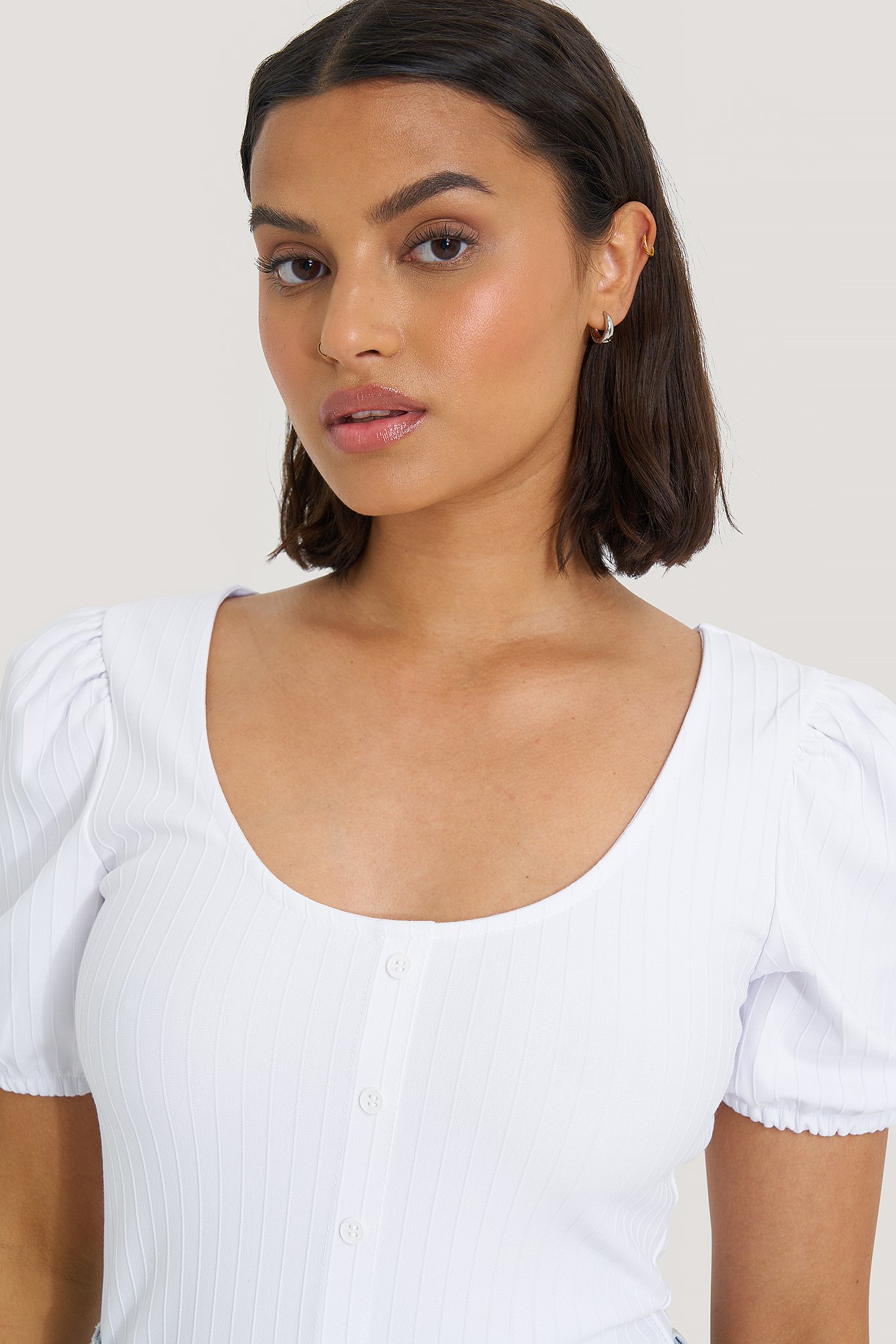 White Ribbed Puff Sleeve Button Top