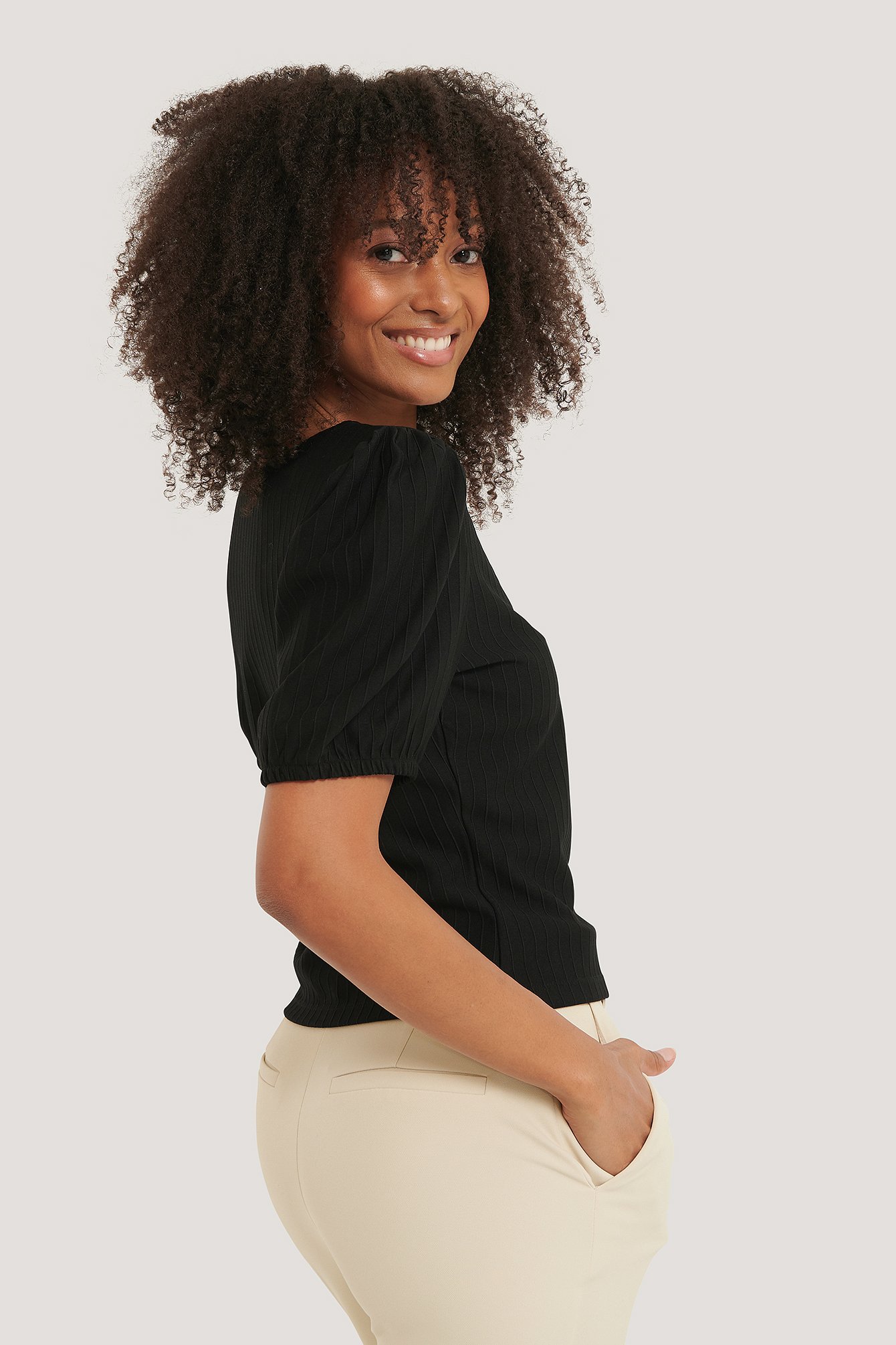 Black Ribbed Puff Sleeve Button Top