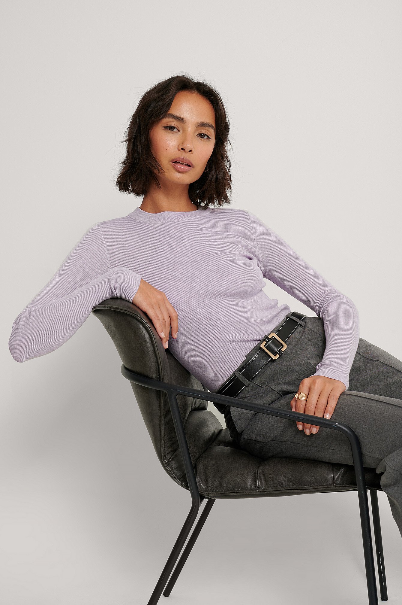 Lilac Ribbed Round Neck Knitted Sweater