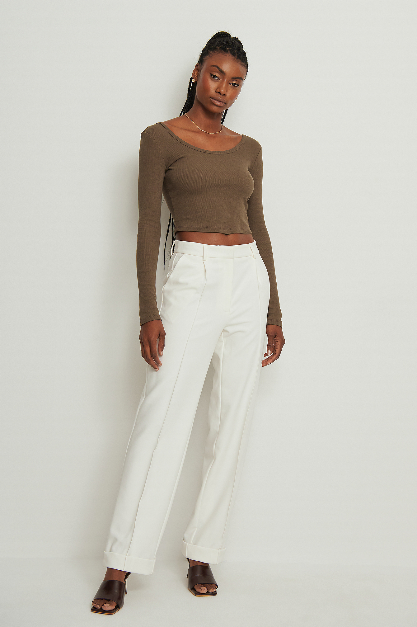 Organic Ribbed Scoop Neck Top Brown 