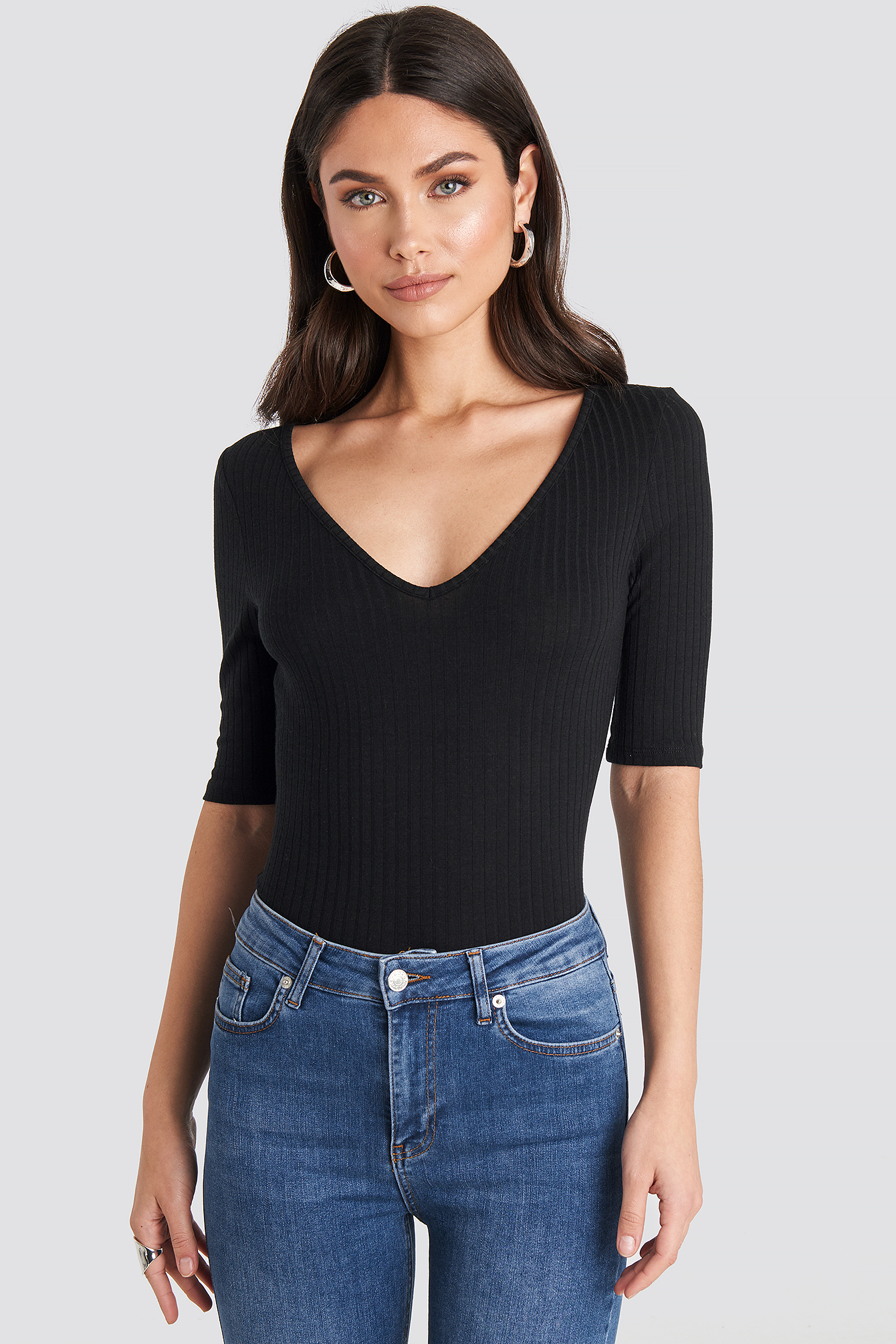 Solid Short Sleeve V Neck Top