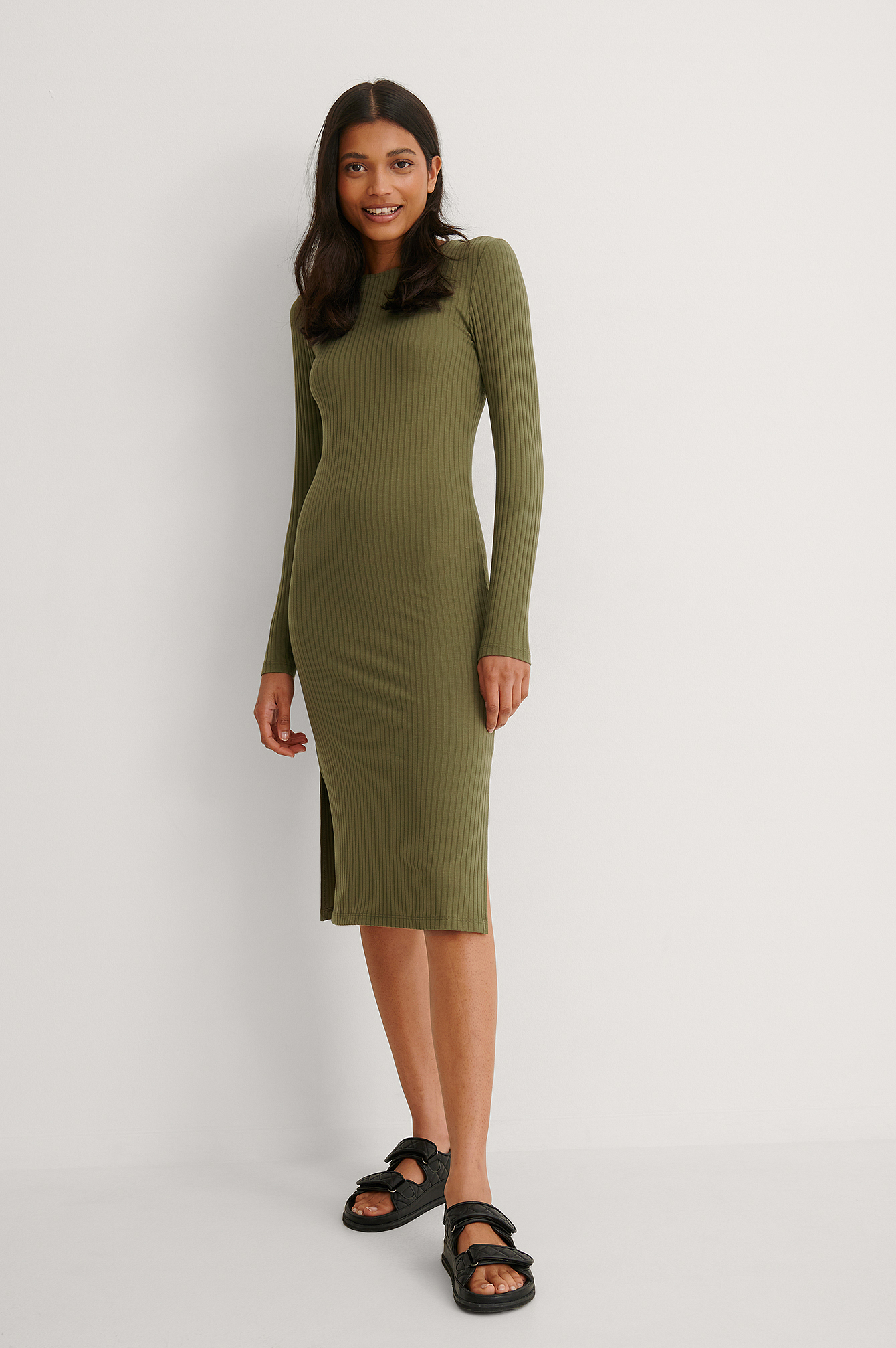 Ribbed Slit Dress Green | na-kd.com
