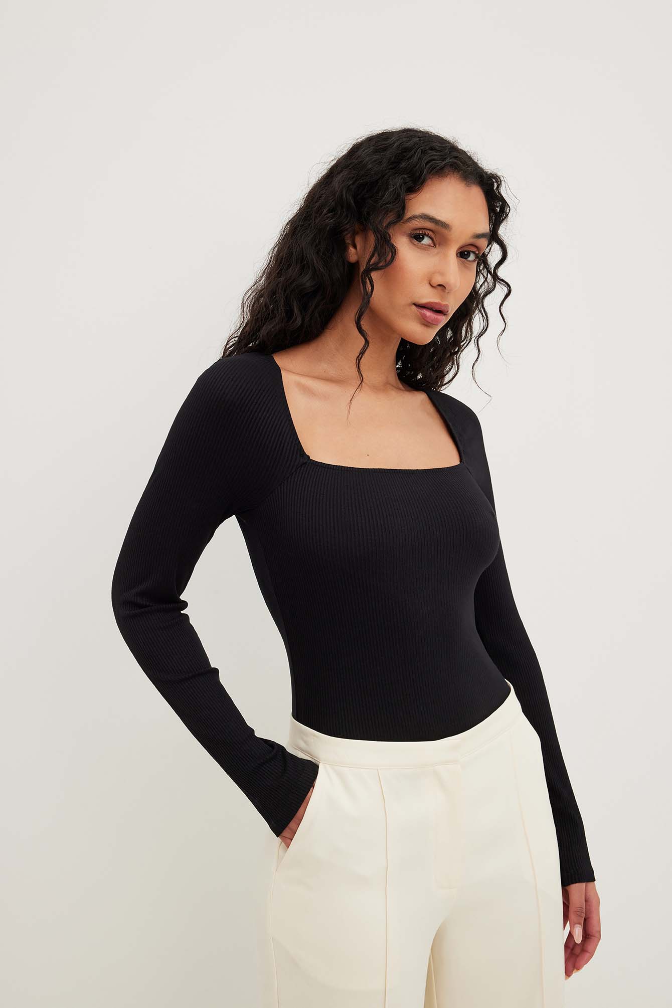 Ribbed Square Neck Detail Top