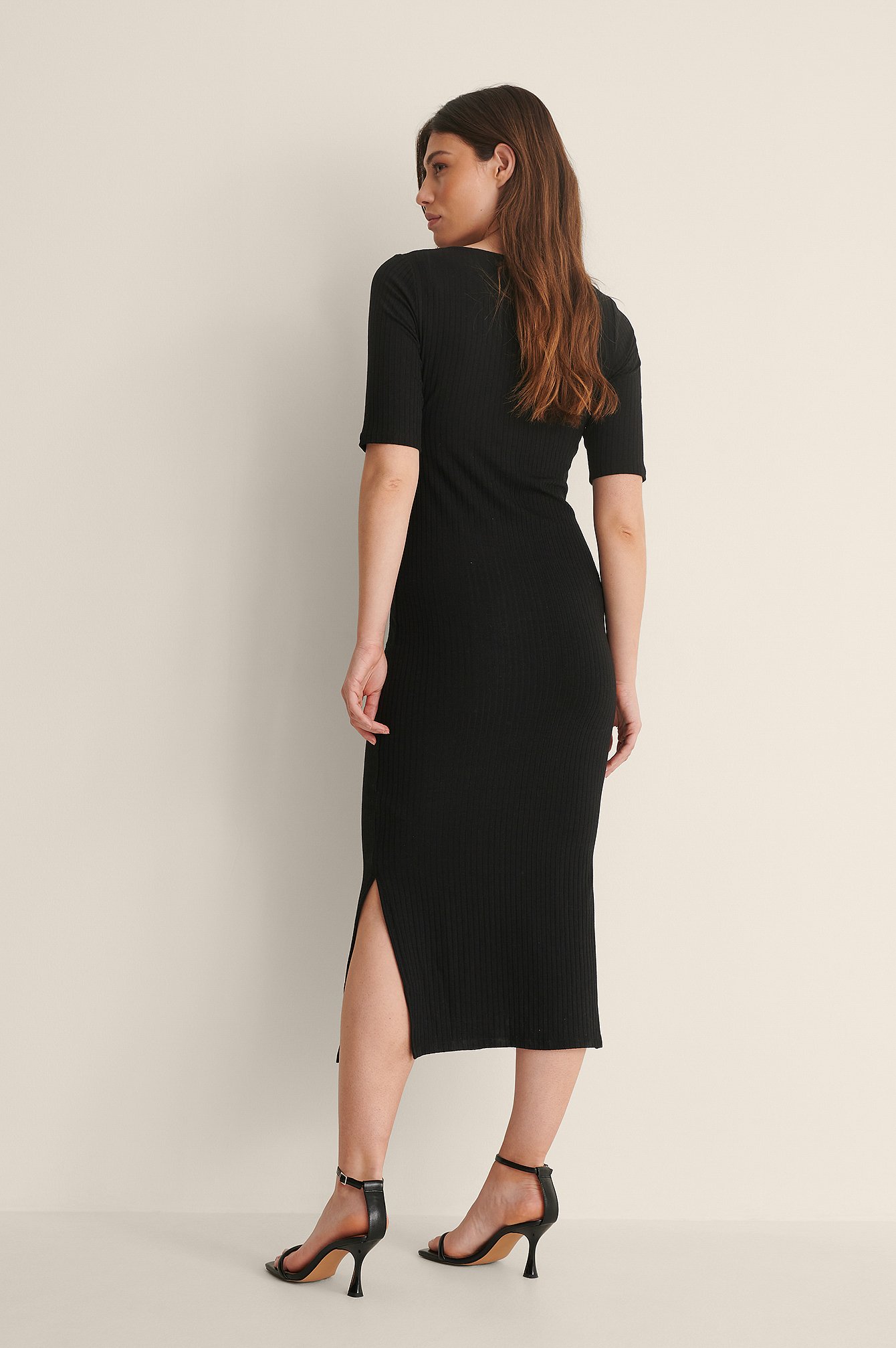 Black Ribbed V-Neck Jersey Midi Dress