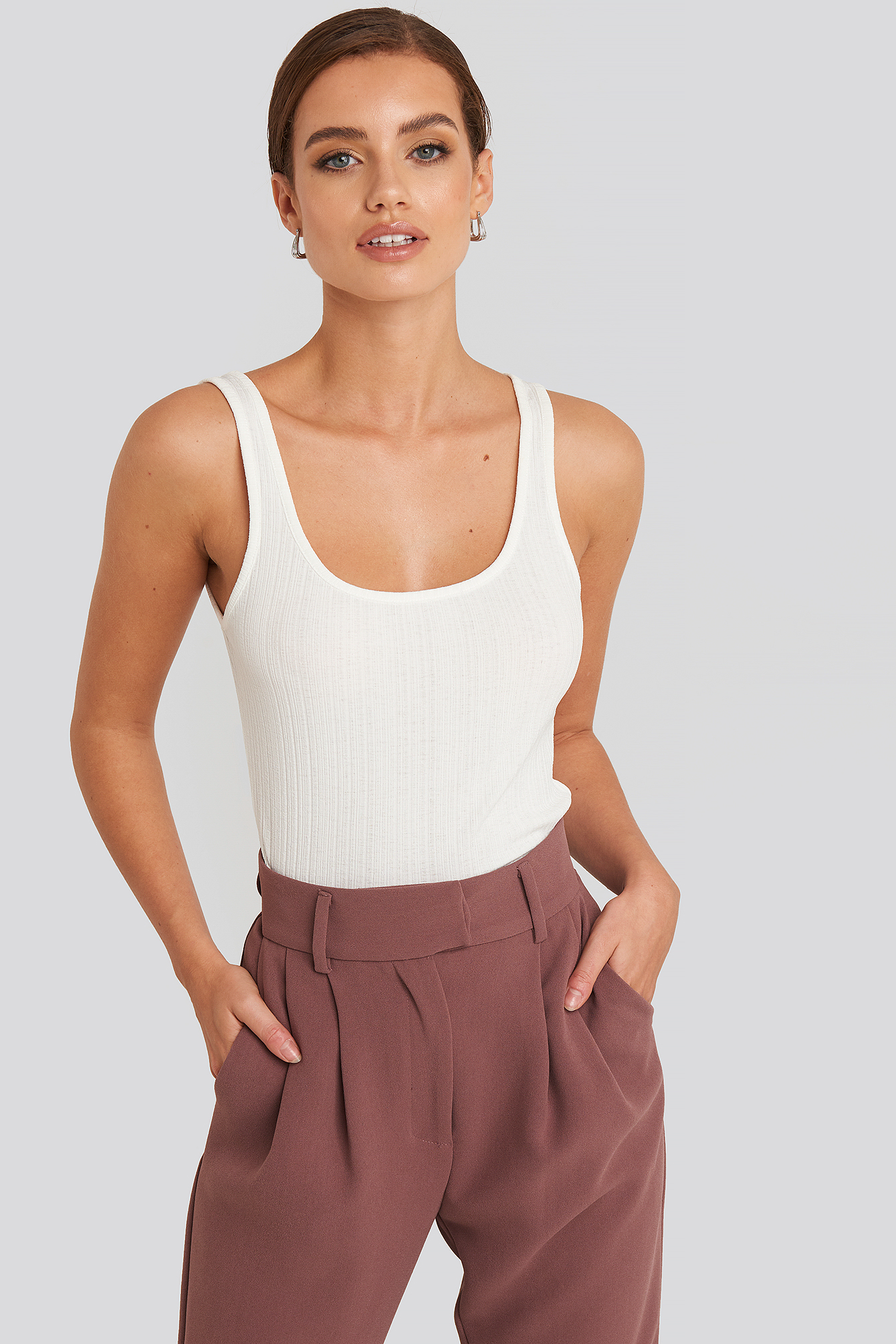 Ribbed Wide Strap Singlet White