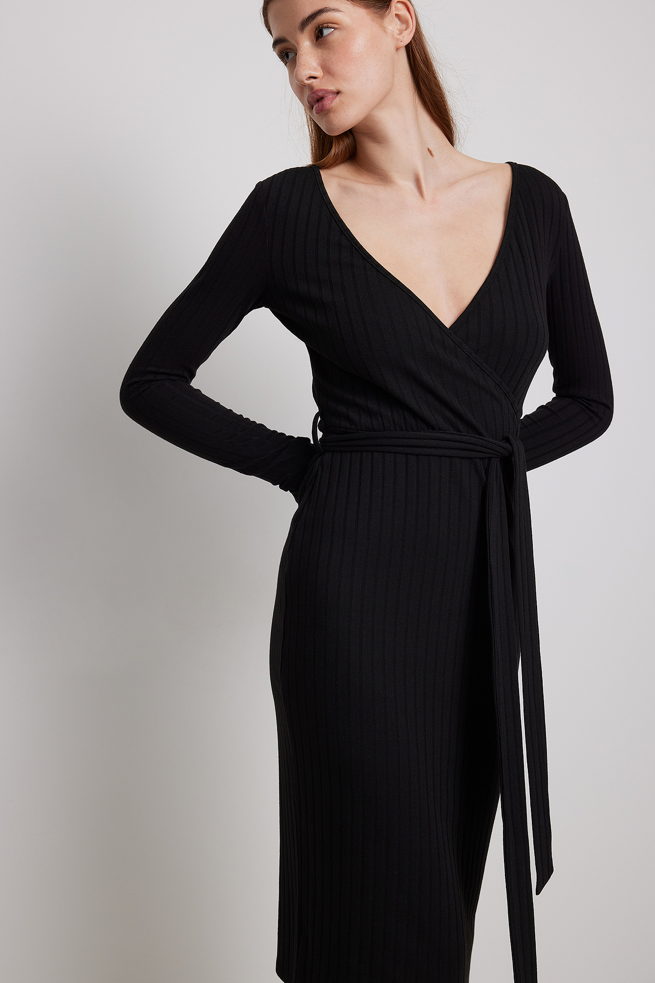 Ribbed Wrap Belted Midi Dress Black 