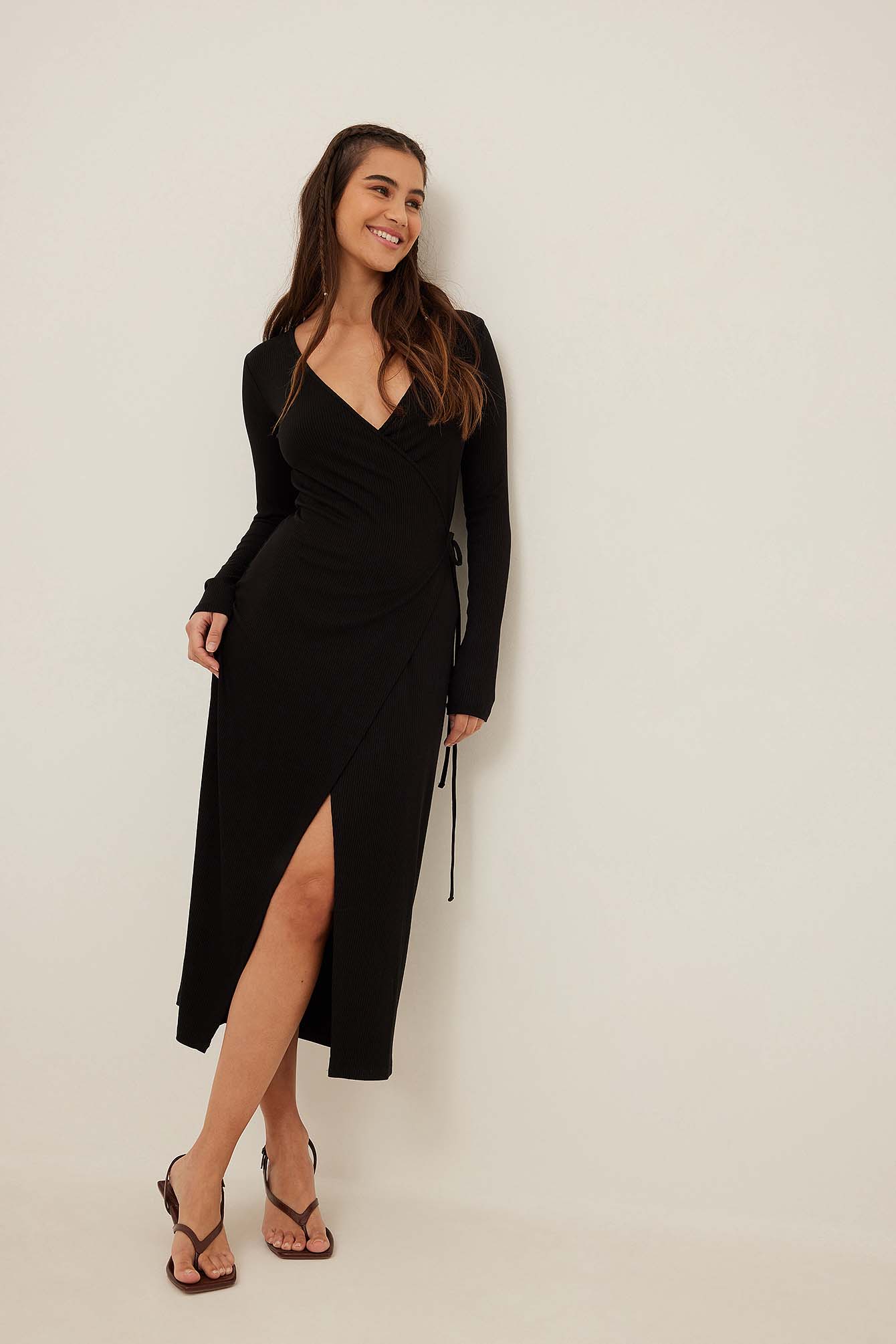 Ribbed Wrap Midi Dress Black | na-kd.com