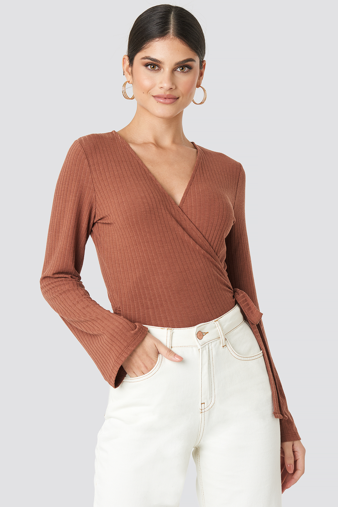 Ribbed Wrap Tie Top Brown