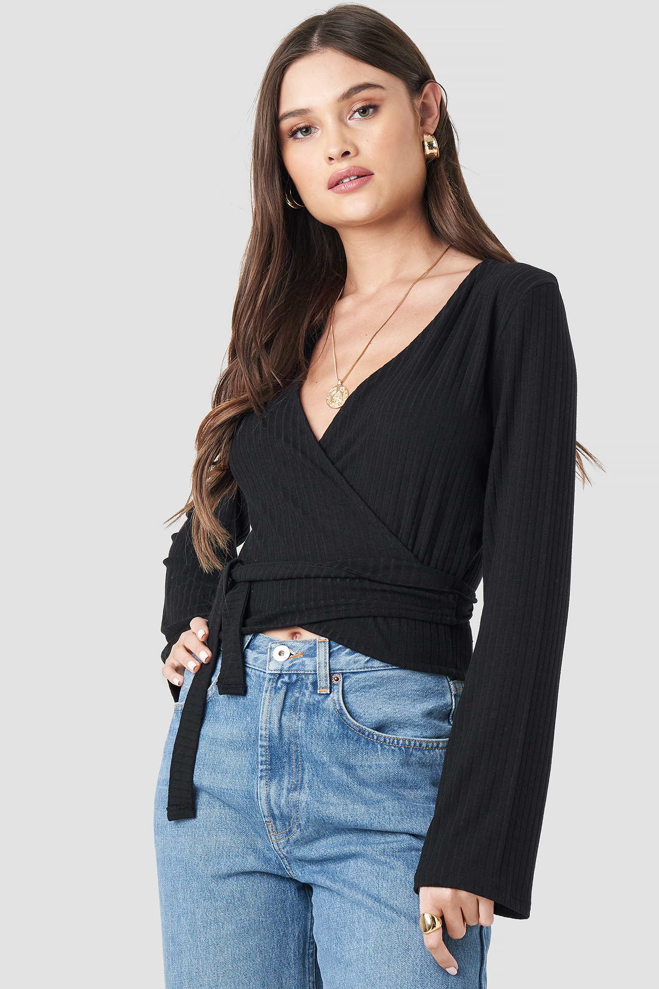 Ribbed Wrap Tie Top Black